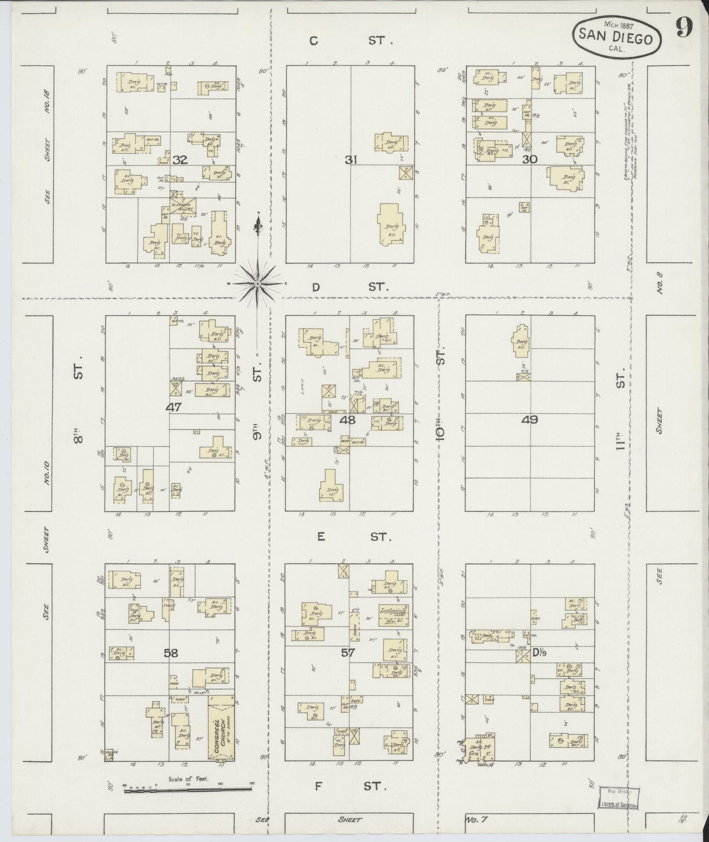 Sanborn Fire Insurance Map from San Diego, San Diego County, California (1887), Sheet #0009 - Complete Map Set gallery image, historic Sanborn map, vintage wall art, California California