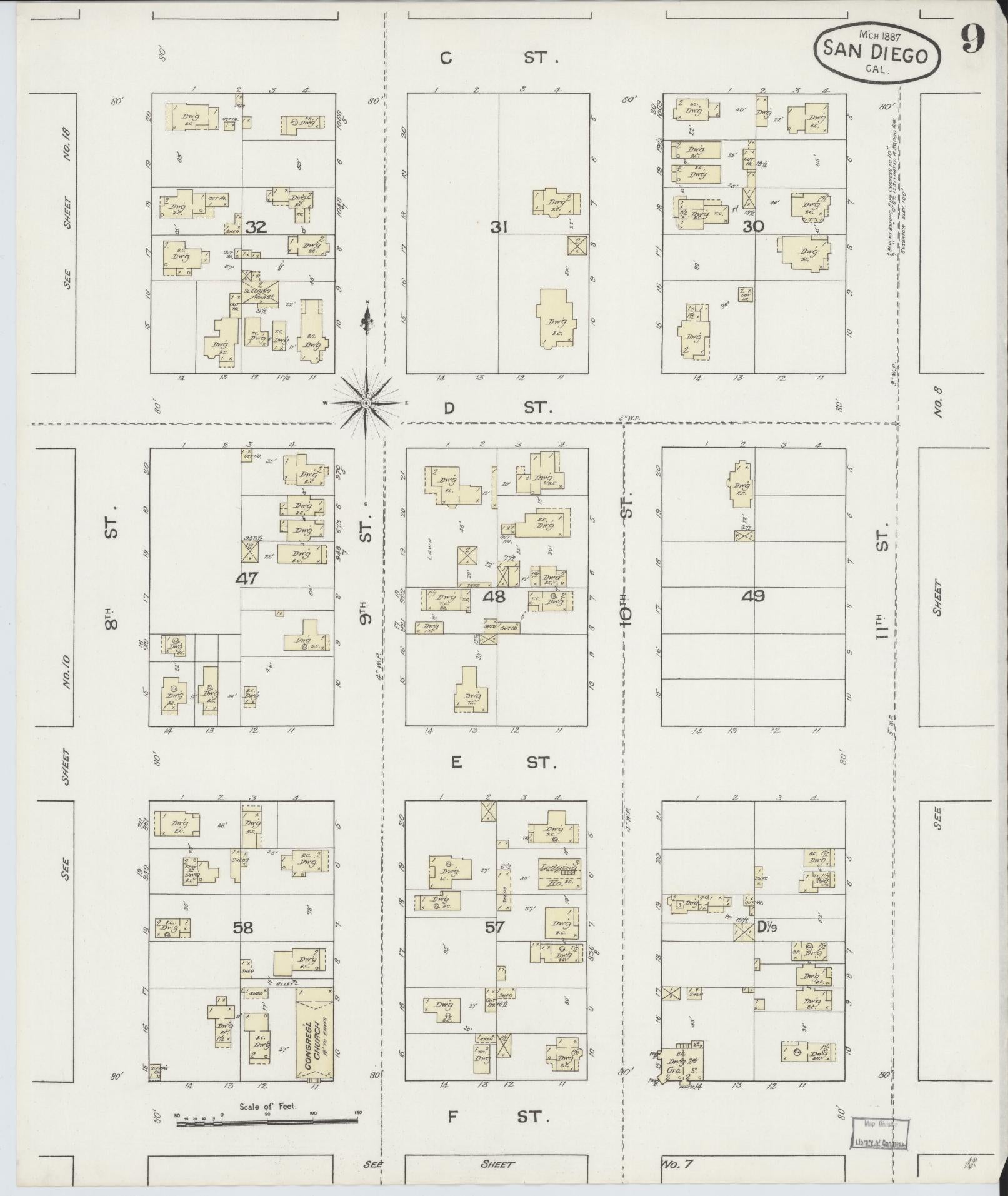 Sanborn Fire Insurance Map from San Diego, San Diego County, California (1887), Sheet #0009 - Complete Map Set gallery image, historic Sanborn map, vintage wall art, California California