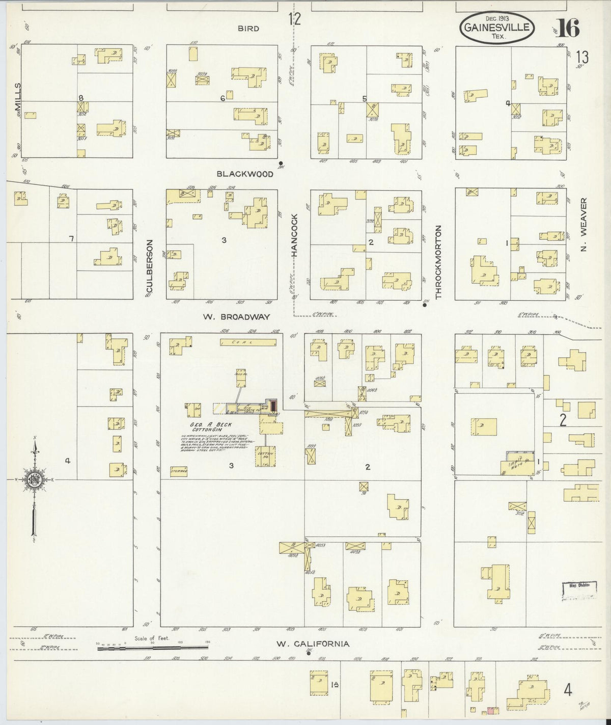 Sanborn Fire Insurance Map from Gainesville, Cooke County, Texas (1913), Sheet #0016 - Historic Sanborn Fire Insurance Map Print, vintage old map wall art, antique decor, genealogy gift, Texas Texas map