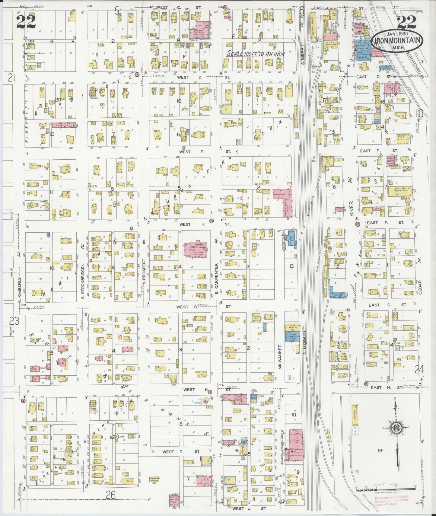 Sanborn Fire Insurance Map from Iron Mountain, Dickinson County, Michigan (1930), Sheet #0022 - Historic Sanborn Fire Insurance Map Print, vintage old map wall art, antique decor, genealogy gift, Michigan Michigan map