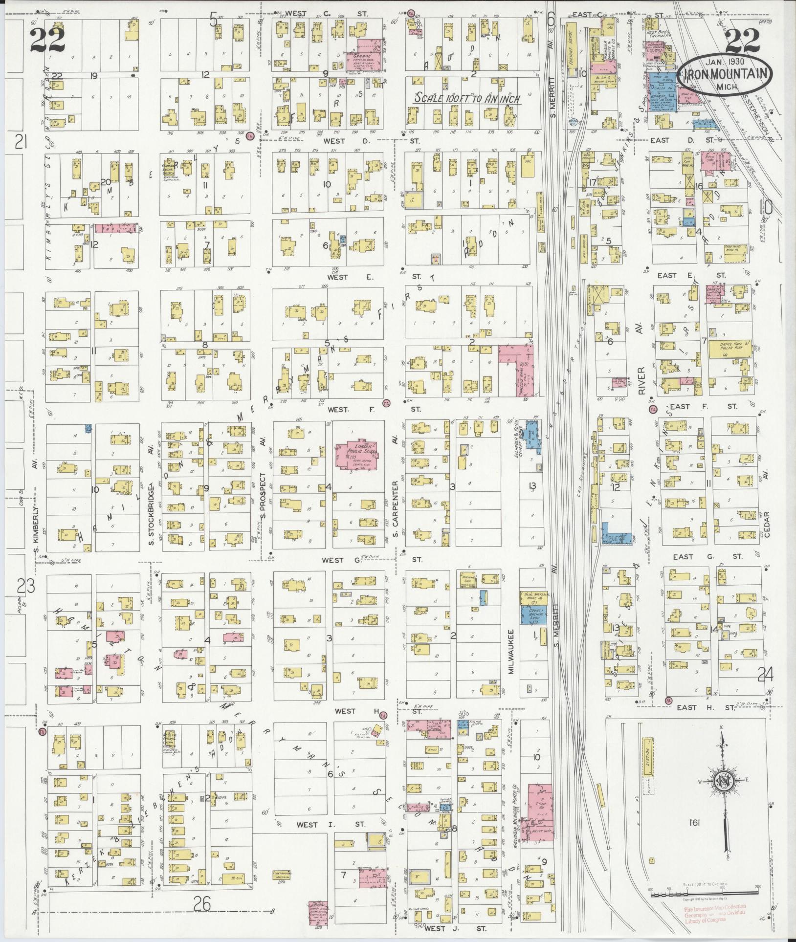 Sanborn Fire Insurance Map from Iron Mountain, Dickinson County, Michigan (1930), Sheet #0022 - Historic Sanborn Fire Insurance Map Print, vintage old map wall art, antique decor, genealogy gift, Michigan Michigan map