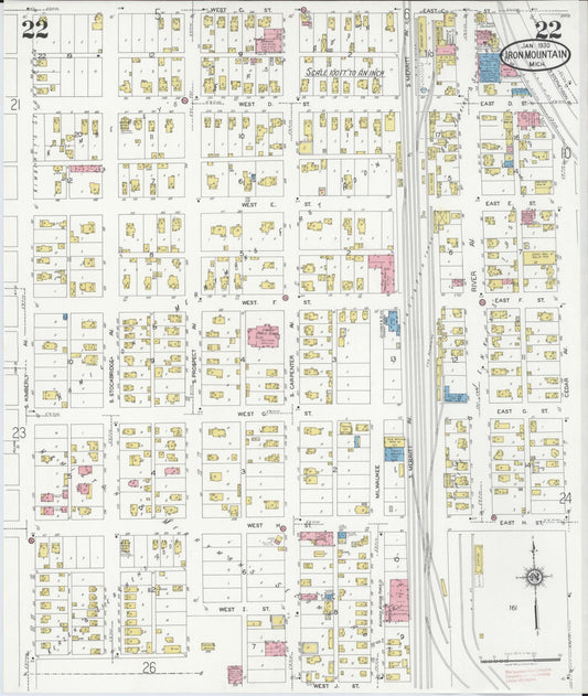 Sanborn Fire Insurance Map from Iron Mountain, Dickinson County, Michigan (1930), Sheet #0022 - Historic Sanborn Fire Insurance Map Print, vintage old map wall art, antique decor, genealogy gift, Michigan Michigan map