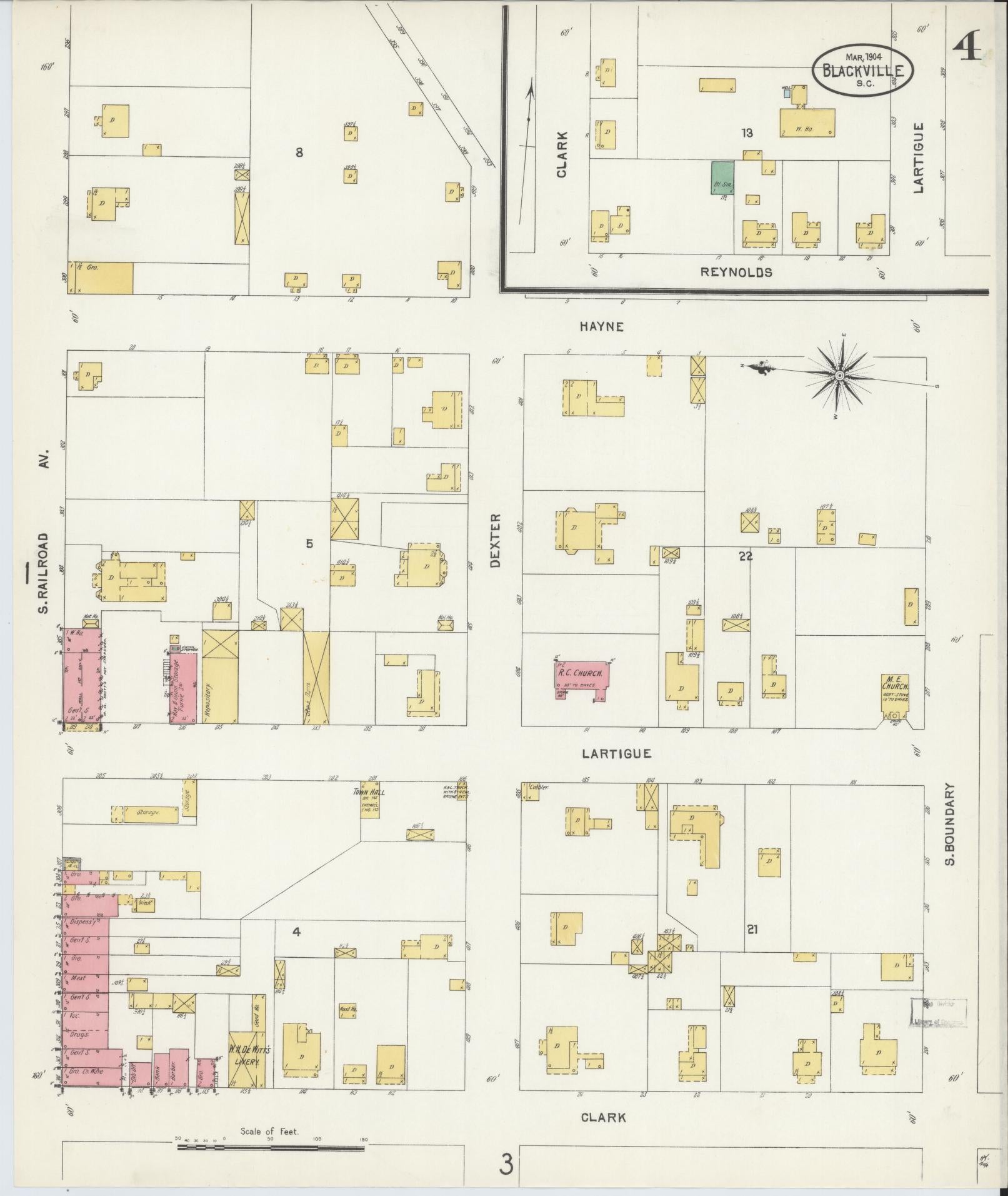 Sanborn Fire Insurance Map from Blackville, Barnwell County, South Carolina (1904), Sheet #0004 - Complete Map Set gallery image, historic Sanborn map, vintage wall art, South Carolina South Carolina