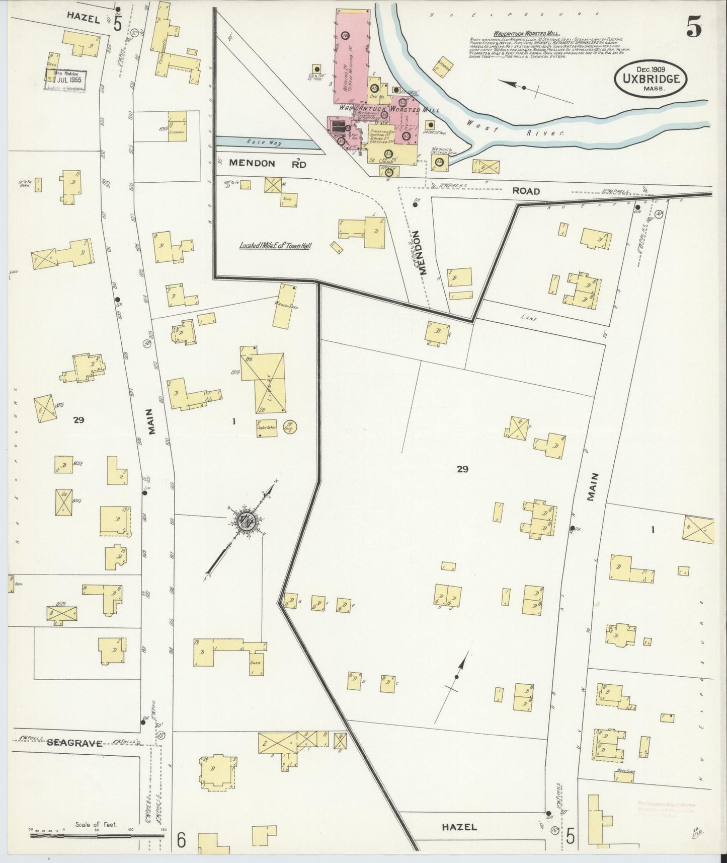 Sanborn Fire Insurance Map from Uxbridge, Worcester County, Massachusetts (1909), Sheet #0005 - Historic Sanborn Fire Insurance Map Print, vintage old map wall art, antique decor, genealogy gift, Massachusetts Massachusetts map