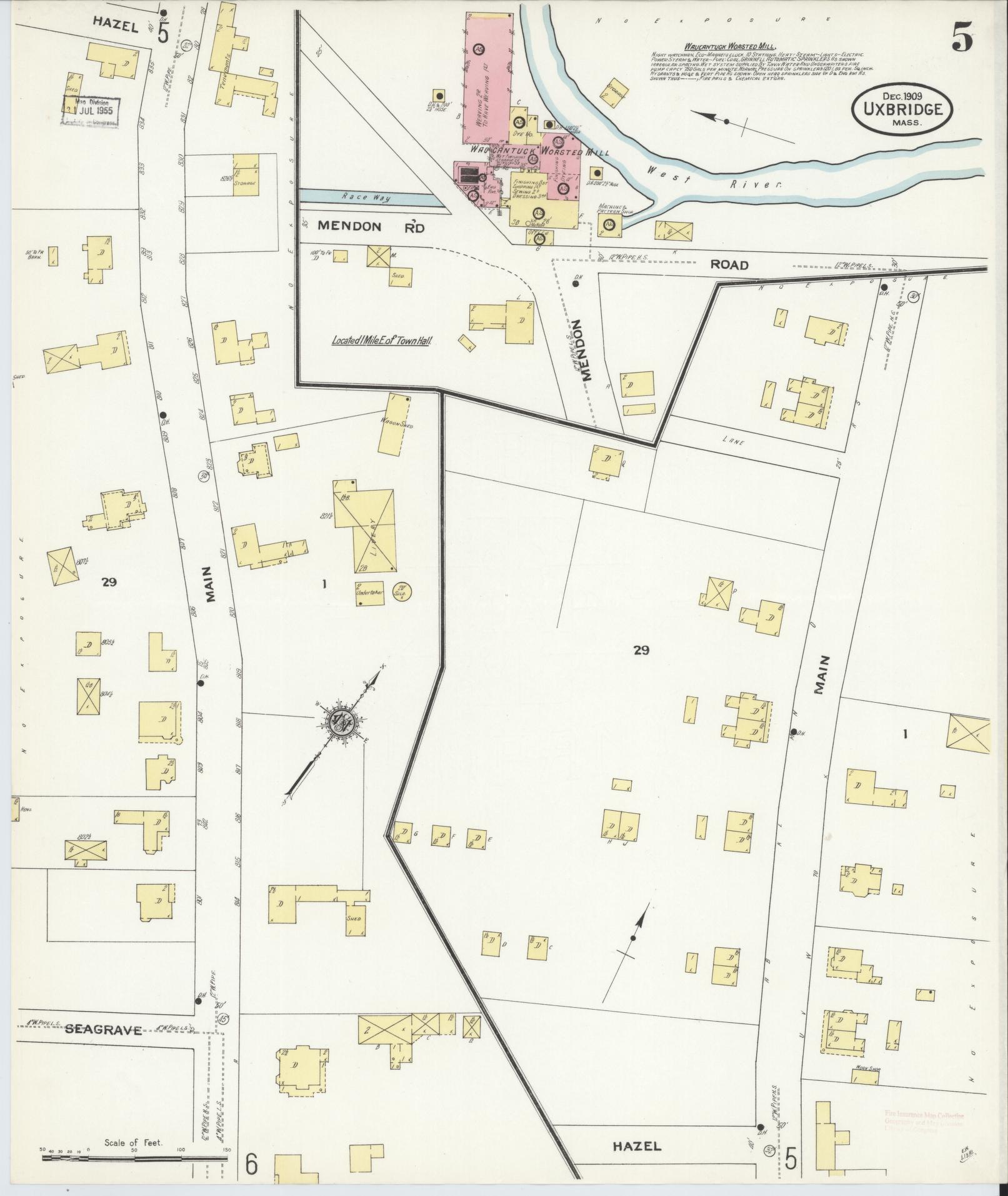 Sanborn Fire Insurance Map from Uxbridge, Worcester County, Massachusetts (1909), Sheet #0005 - Historic Sanborn Fire Insurance Map Print, vintage old map wall art, antique decor, genealogy gift, Massachusetts Massachusetts map