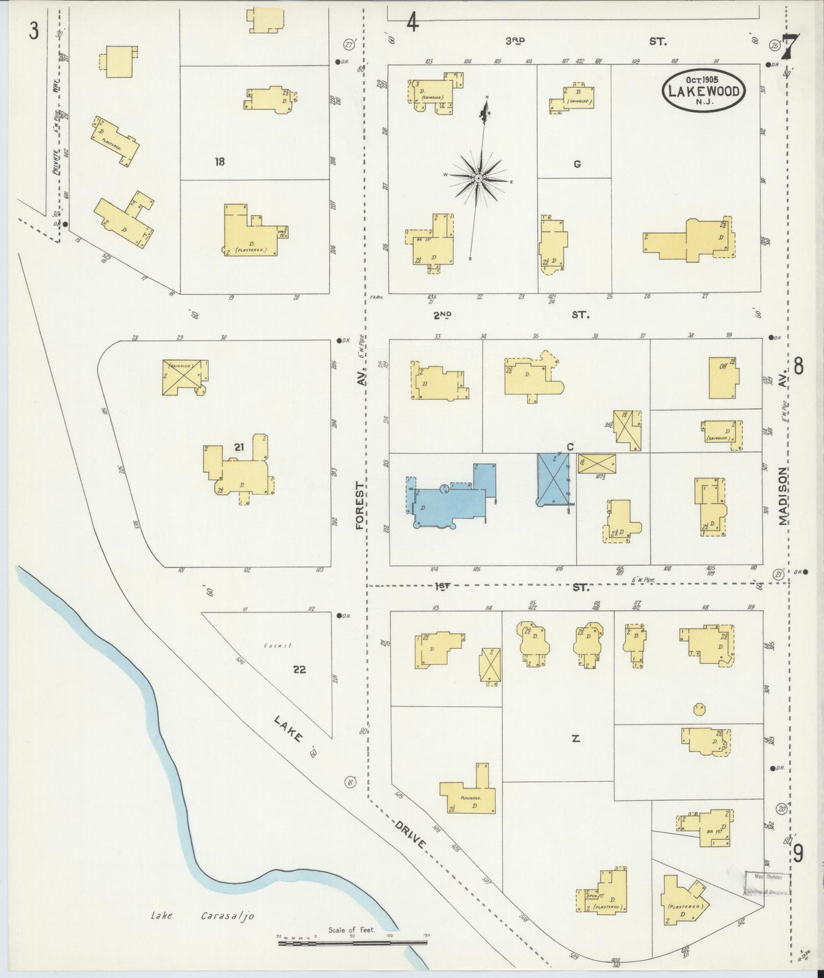 Sanborn Fire Insurance Map from Lakewood, Ocean County, New Jersey (1905), Sheet #0007 - Complete Map Set gallery image, historic Sanborn map, vintage wall art, New Jersey New Jersey