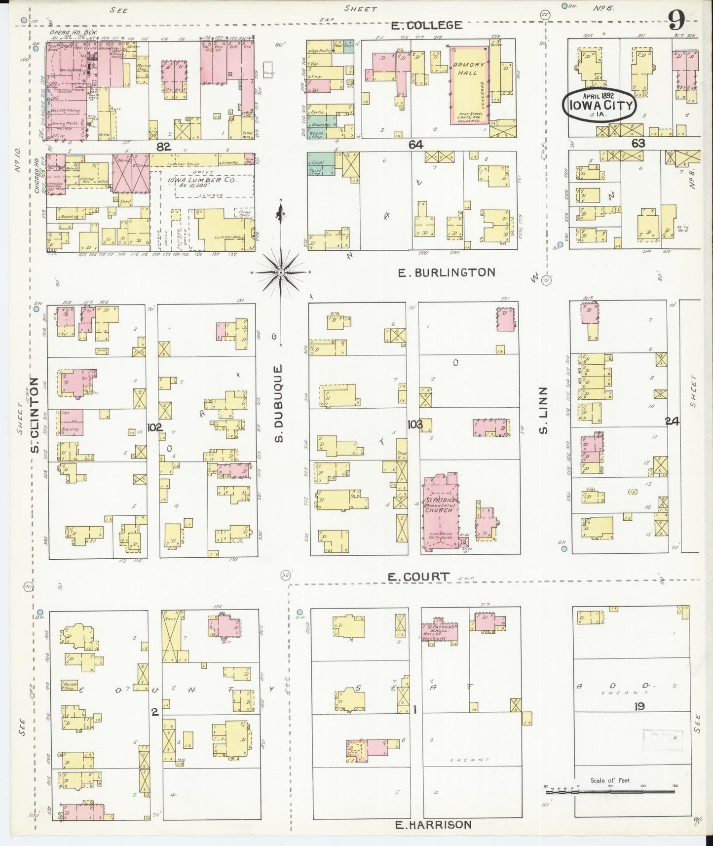 Sanborn Fire Insurance Map from Iowa City, Johnson County, Iowa (1892), Sheet #0009 - Historic Sanborn Fire Insurance Map Print, vintage old map wall art