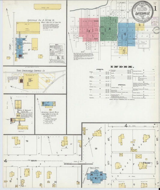 Sanborn Fire Insurance Map from Gatesville, Coryell County, Texas (1902), Sheet #0001 - Complete Map Set gallery image, historic Sanborn map, vintage wall art, Texas Texas