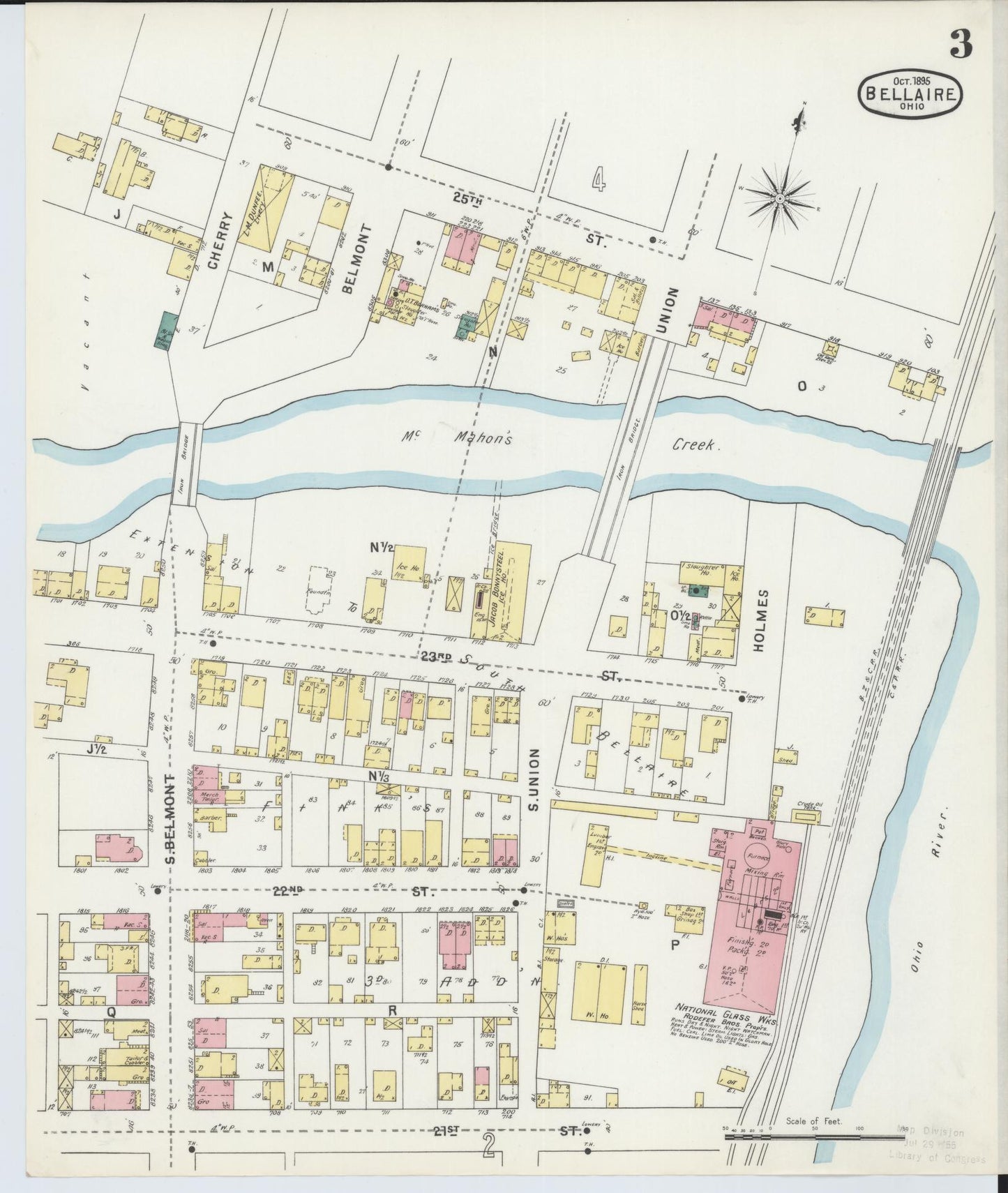 Sanborn Fire Insurance Map from Bellaire, Belmont County, Ohio (1895), Sheet #0003 - Historic Sanborn Fire Insurance Map Print, vintage old map wall art, antique decor, genealogy gift, Ohio Ohio map
