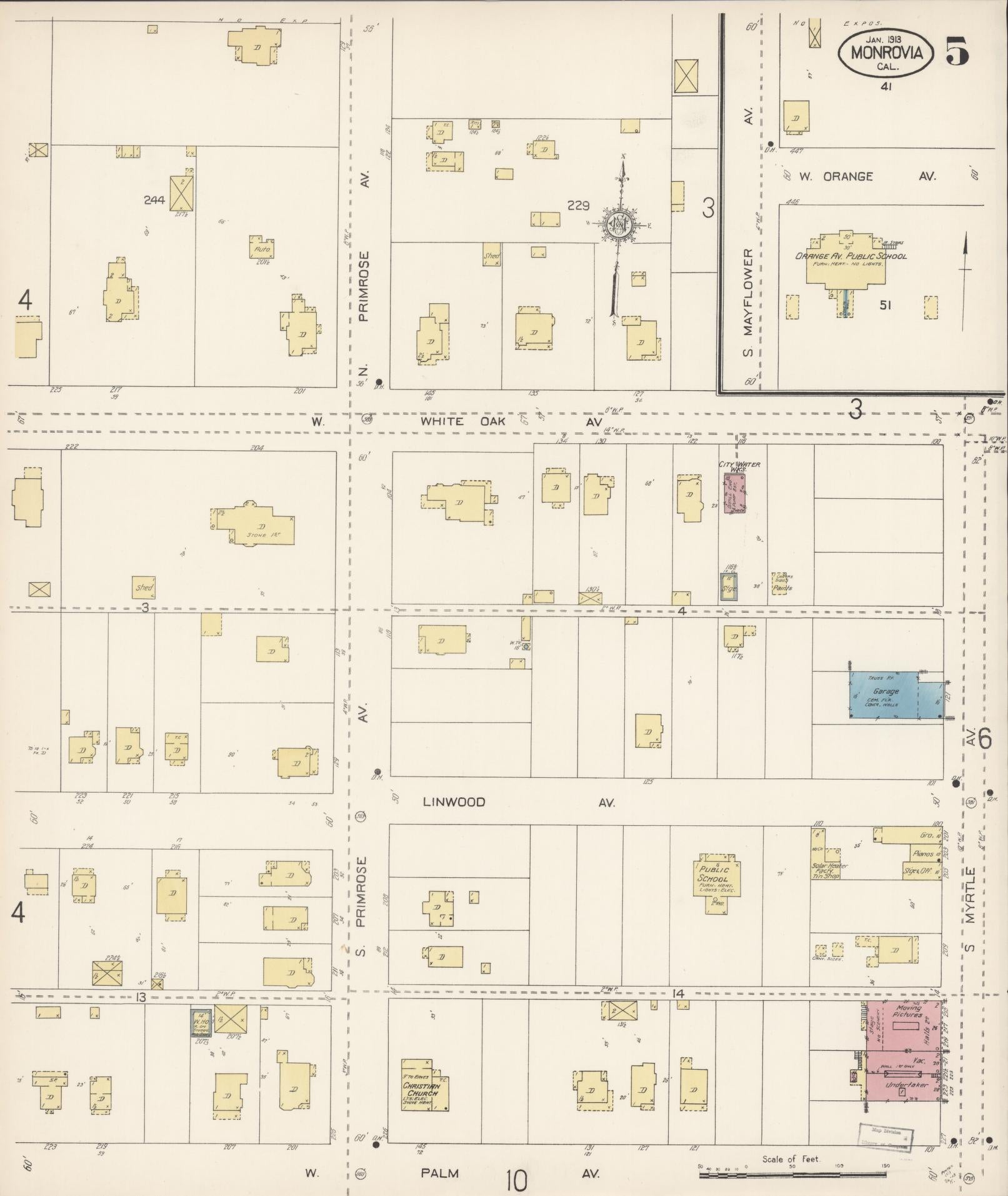Sanborn Fire Insurance Map from Monrovia, Los Angeles County, California (1913), Sheet #0005 - Complete Map Set gallery image, historic Sanborn map, vintage wall art, California California
