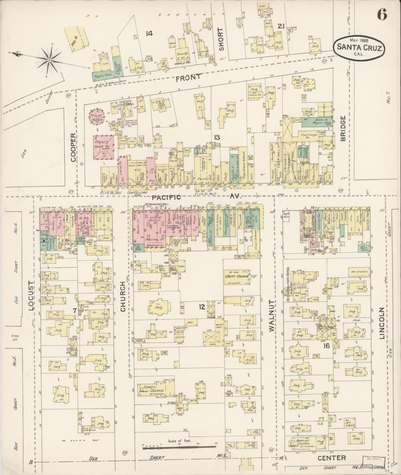 Sanborn Fire Insurance Map from Santa Cruz, Santa Cruz County, California (1888), Sheet #0006 - Complete Map Set gallery image, historic Sanborn map, vintage wall art, California California
