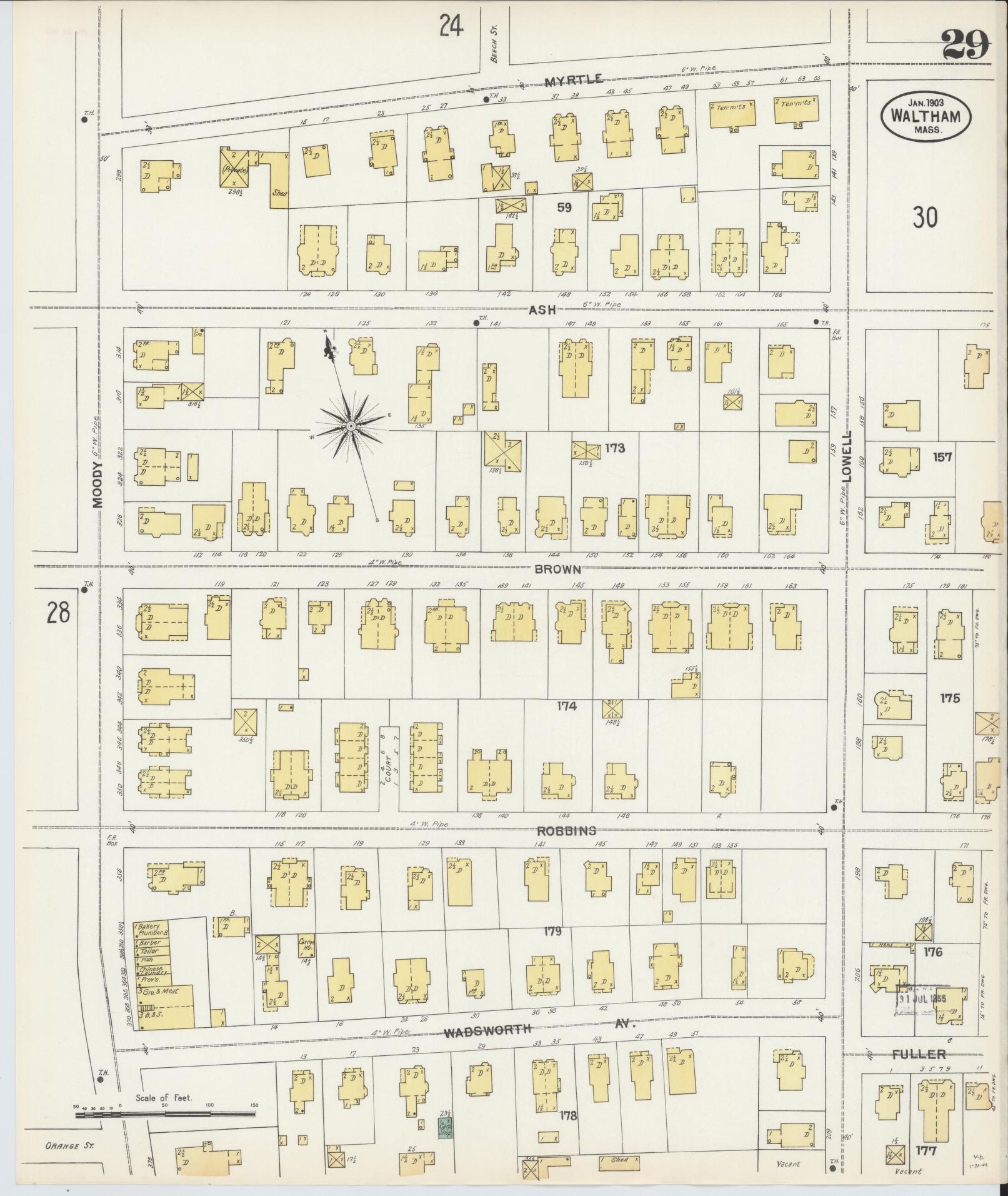 Sanborn Fire Insurance Map from Waltham, Middlesex County, Massachusetts (1903), Sheet #0029 - Complete Map Set gallery image, historic Sanborn map, vintage wall art, Massachusetts Massachusetts