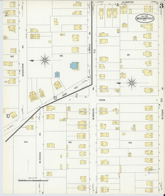 Sanborn Fire Insurance Map from Merchantville, Camden County, New Jersey (1908), Sheet #0003 - Historic Sanborn Fire Insurance Map Print, vintage old map wall art, antique decor, genealogy gift, New Jersey New Jersey map