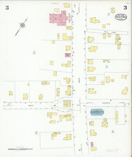 Sanborn Fire Insurance Map from Newtown, Fairfield County, Connecticut (1929), Sheet #0003 - Historic Sanborn Fire Insurance Map Print, vintage old map wall art, antique decor, genealogy gift, Connecticut Connecticut map