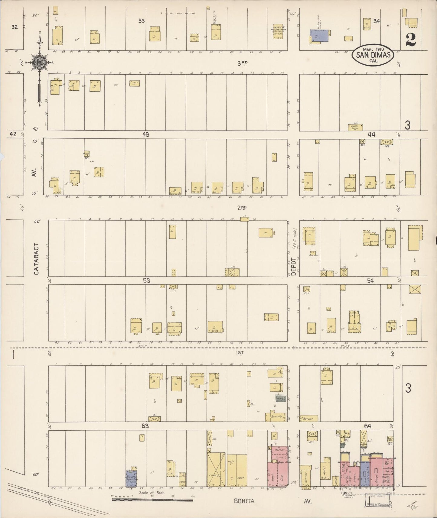 Sanborn Fire Insurance Map from San Dimas, Los Angeles County, California (1910), Sheet #0002 - Complete Map Set gallery image, historic Sanborn map, vintage wall art, California California