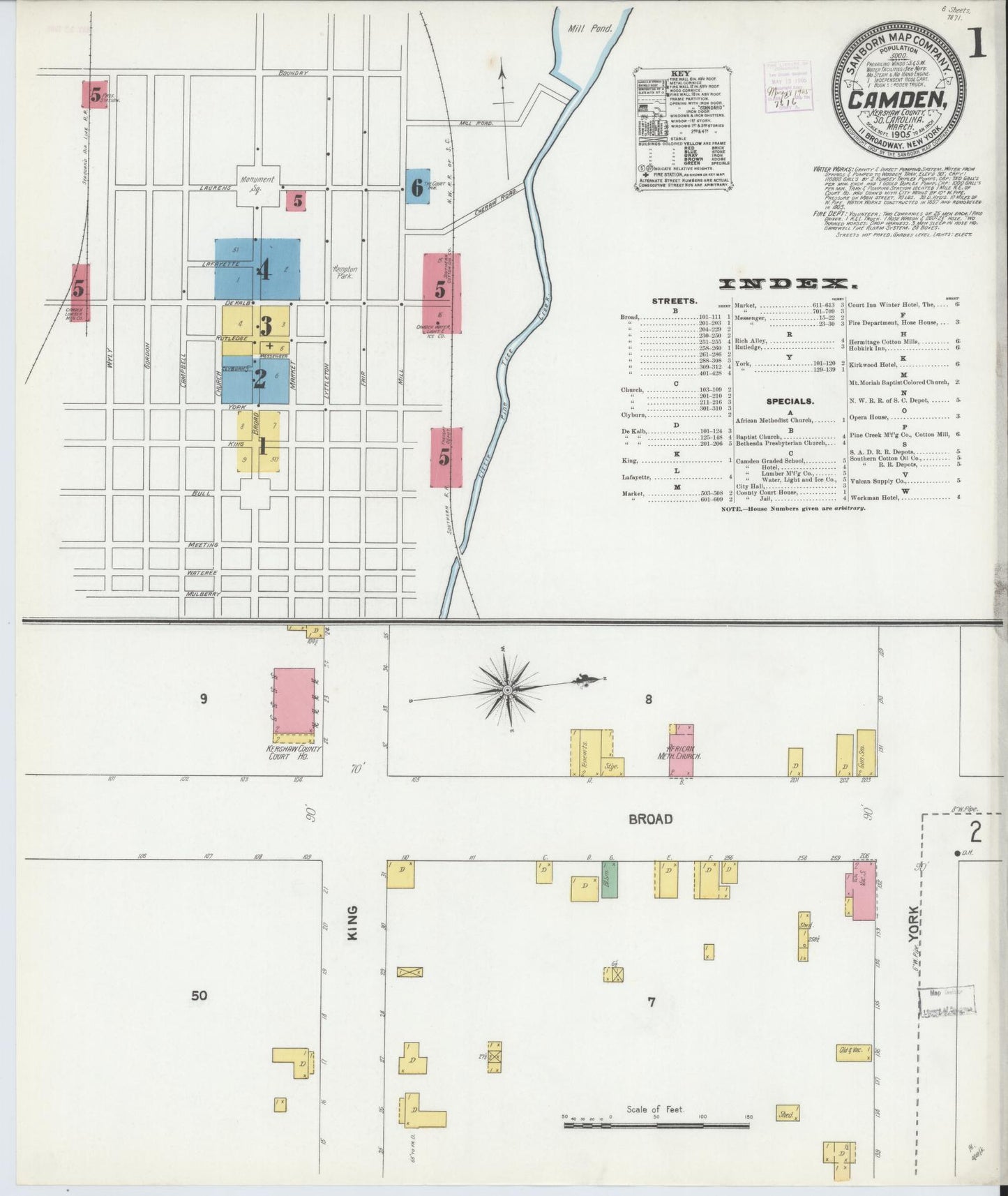 Sanborn Fire Insurance Map from Camden, Kershaw County, South Carolina (1905), Sheet #0001 - Complete Map Set gallery image, historic Sanborn map, vintage wall art, South Carolina South Carolina