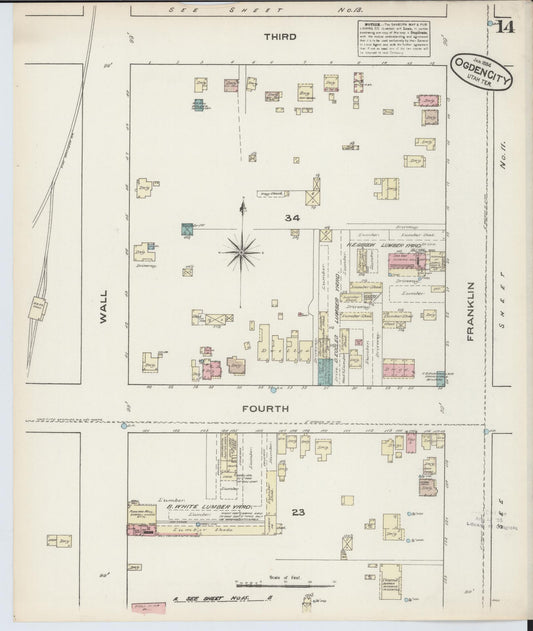 Sanborn Fire Insurance Map from Ogden, Weber County, Utah (1884), Sheet #0014 - Historic Sanborn Fire Insurance Map Print, vintage old map wall art, antique decor, genealogy gift, Utah Utah map