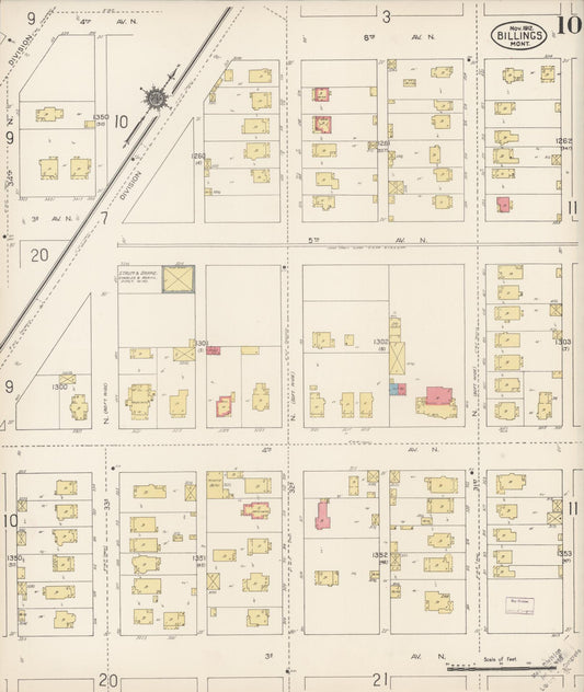 Sanborn Fire Insurance Map from Billings, Yellowstone County, Montana (1912), Sheet #0010 - Historic Sanborn Fire Insurance Map Print, vintage old map wall art, antique decor, genealogy gift, Montana Montana map