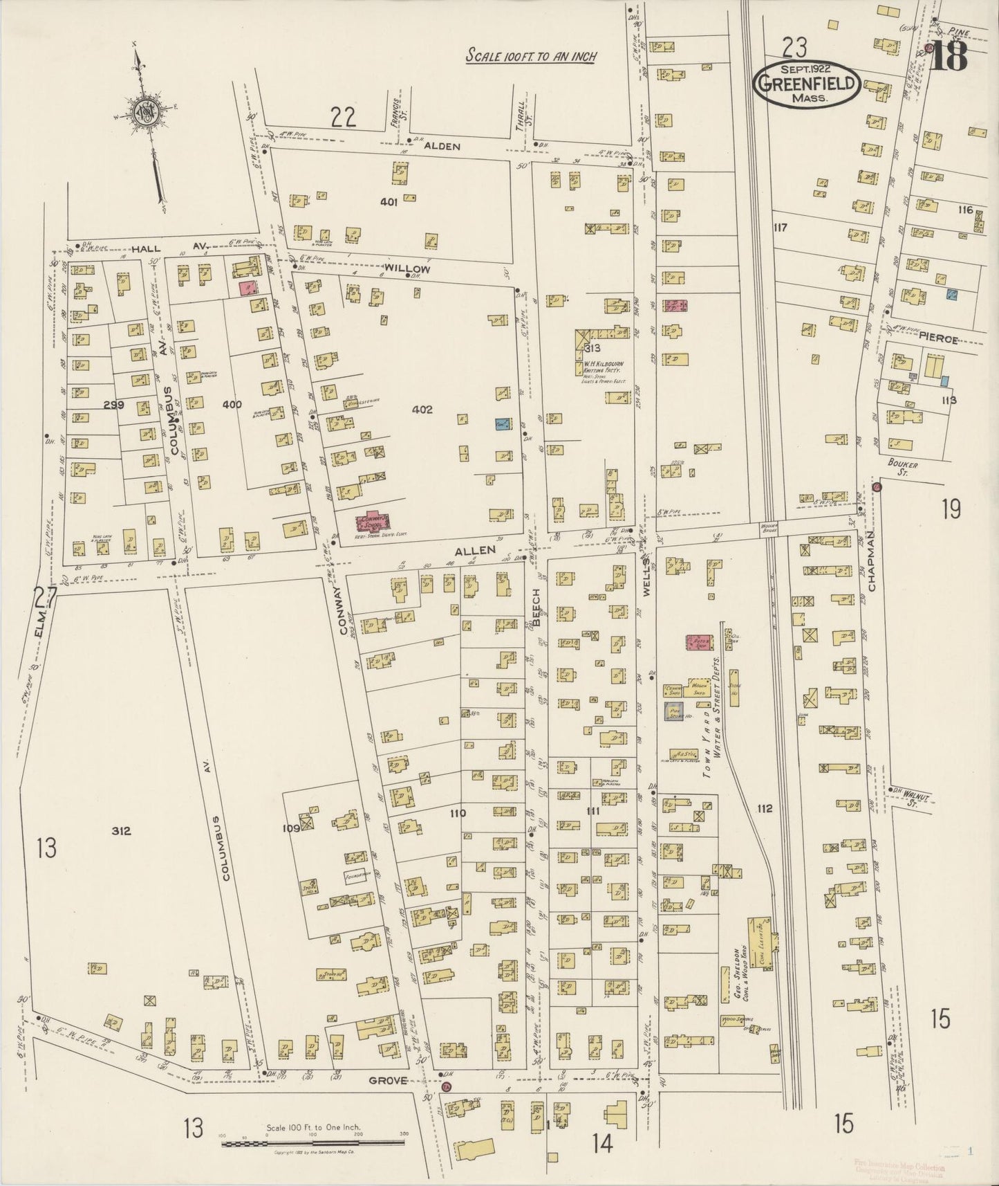 Sanborn Fire Insurance Map from Greenfield, Franklin County, Massachusetts (1922), Sheet #0018 - Historic Sanborn Fire Insurance Map Print, vintage old map wall art, antique decor, genealogy gift, Massachusetts Massachusetts map