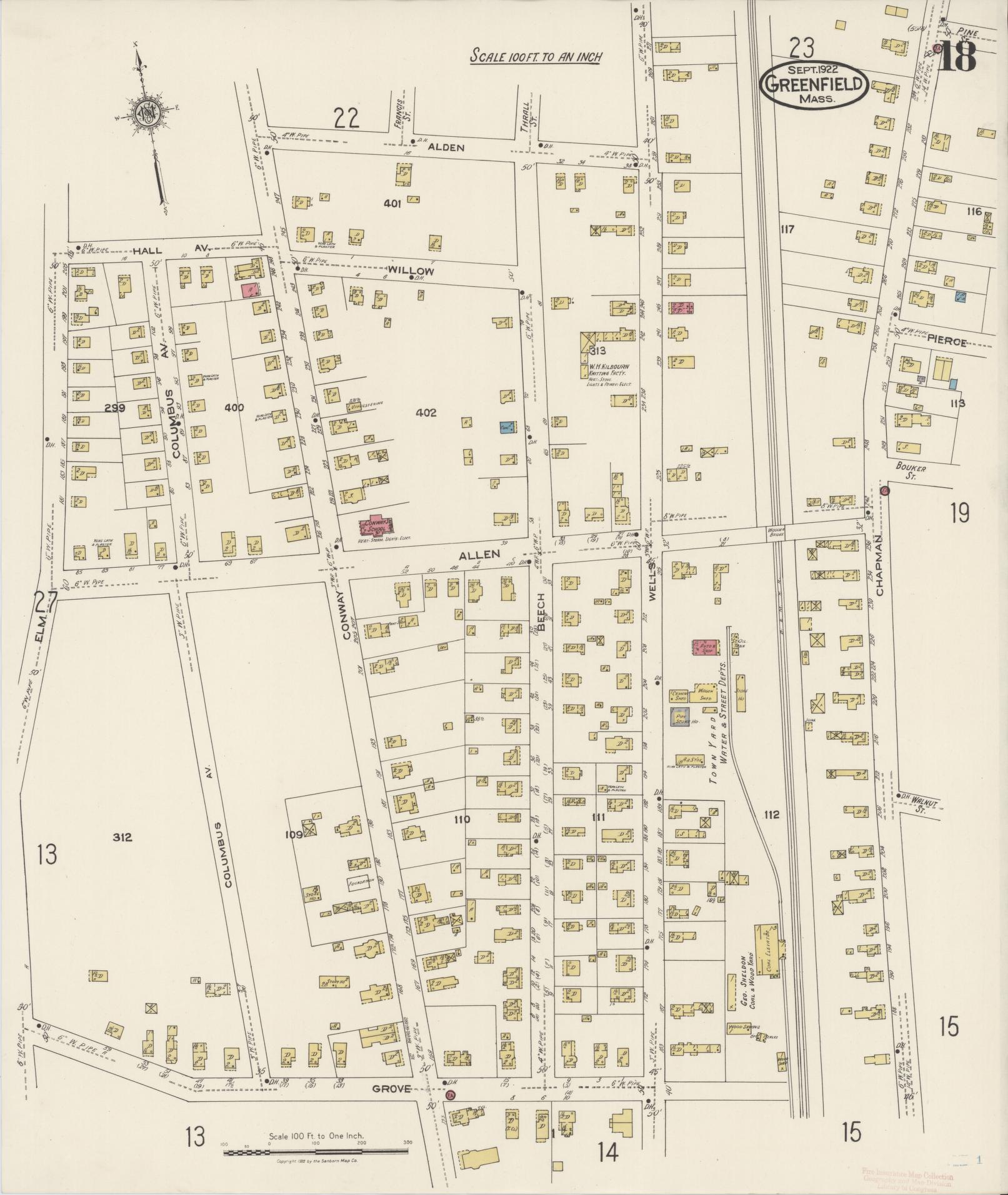 Sanborn Fire Insurance Map from Greenfield, Franklin County, Massachusetts (1922), Sheet #0018 - Historic Sanborn Fire Insurance Map Print, vintage old map wall art, antique decor, genealogy gift, Massachusetts Massachusetts map