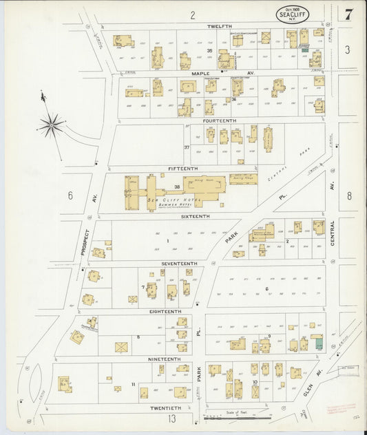 Sanborn Fire Insurance Map from Sea Cliff, Nassau County, New York (1908), Sheet #0007 - Historic Sanborn Fire Insurance Map Print, vintage old map wall art, antique decor, genealogy gift, New York New York map