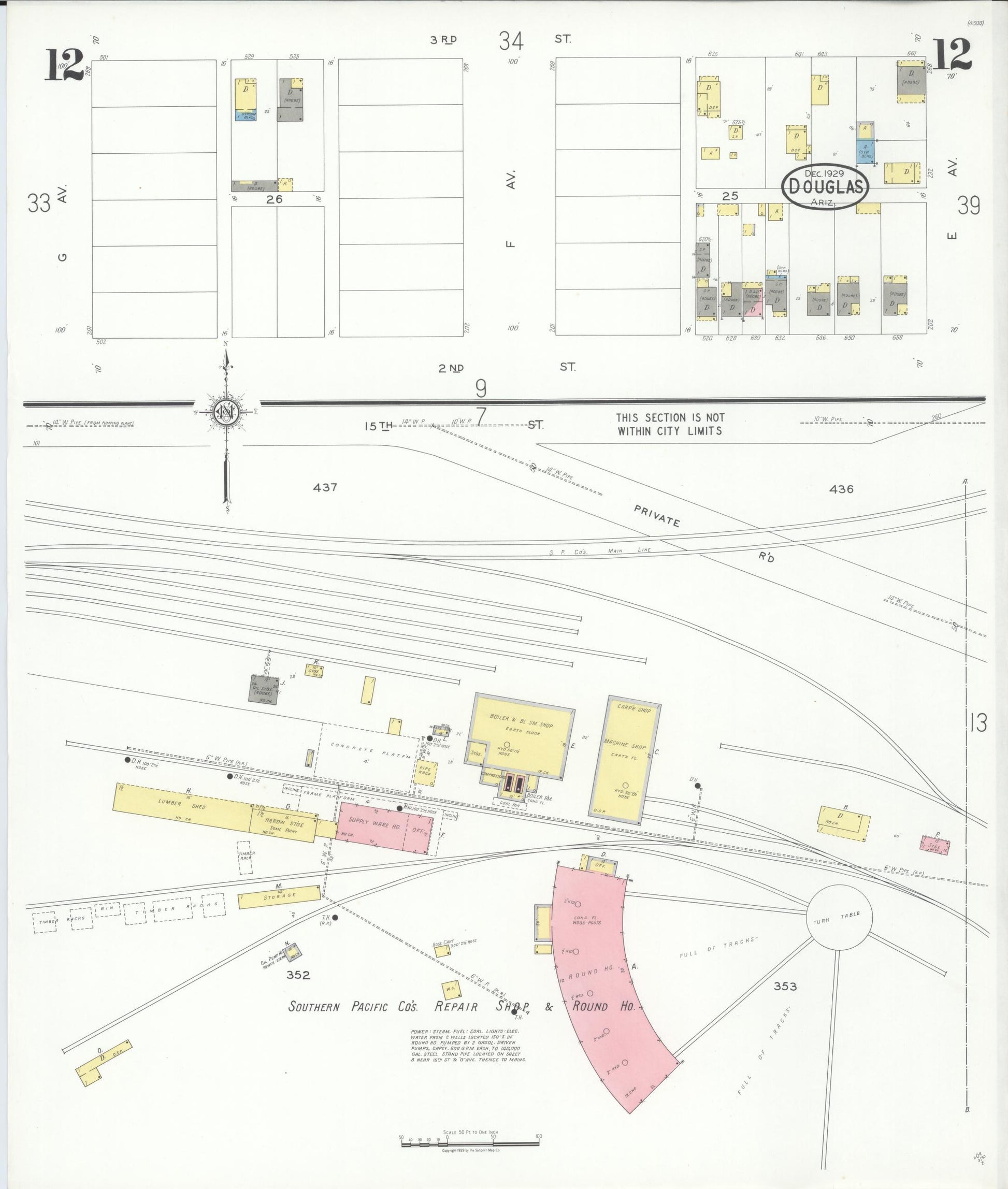 Sanborn Fire Insurance Map from Douglas, Cochise County, Arizona (1929), Sheet #0012 - Complete Map Set gallery image, historic Sanborn map, vintage wall art, Arizona Arizona