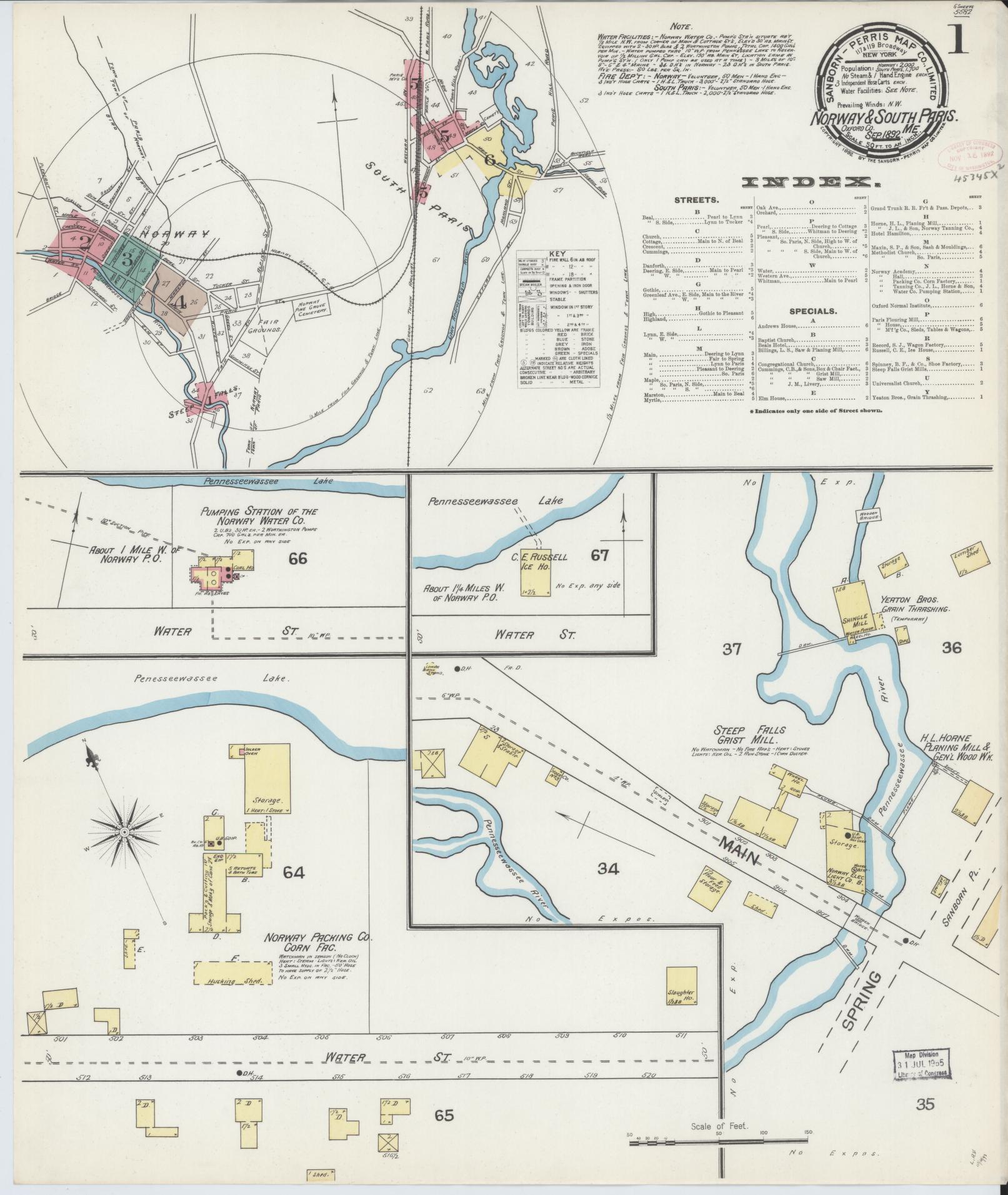 Sanborn Fire Insurance Map from Norway, Oxford County, Maine (1892), Sheet #0001 - Historic Sanborn Fire Insurance Map Print, vintage old map wall art, antique decor, genealogy gift, Maine Maine map