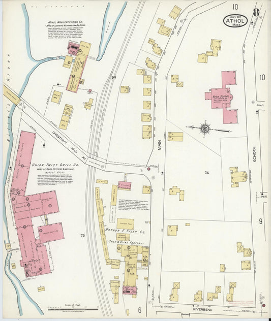 Sanborn Fire Insurance Map from Athol, Worcester County, Massachusetts (1917), Sheet #0008 - Historic Sanborn Fire Insurance Map Print, vintage old map wall art, antique decor, genealogy gift, Massachusetts Massachusetts map
