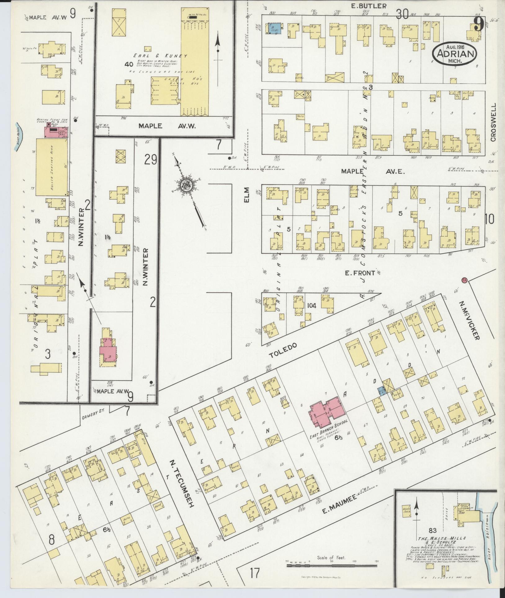 Sanborn Fire Insurance Map from Adrian, Lenawee County, Michigan (1916), Sheet #0009 - Historic Sanborn Fire Insurance Map Print, vintage old map wall art, antique decor, genealogy gift, Michigan Michigan map