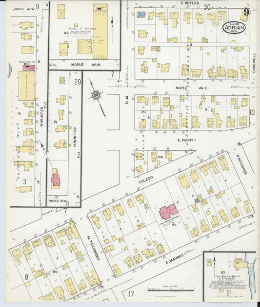 Sanborn Fire Insurance Map from Adrian, Lenawee County, Michigan (1916), Sheet #0009 - Historic Sanborn Fire Insurance Map Print, vintage old map wall art, antique decor, genealogy gift, Michigan Michigan map