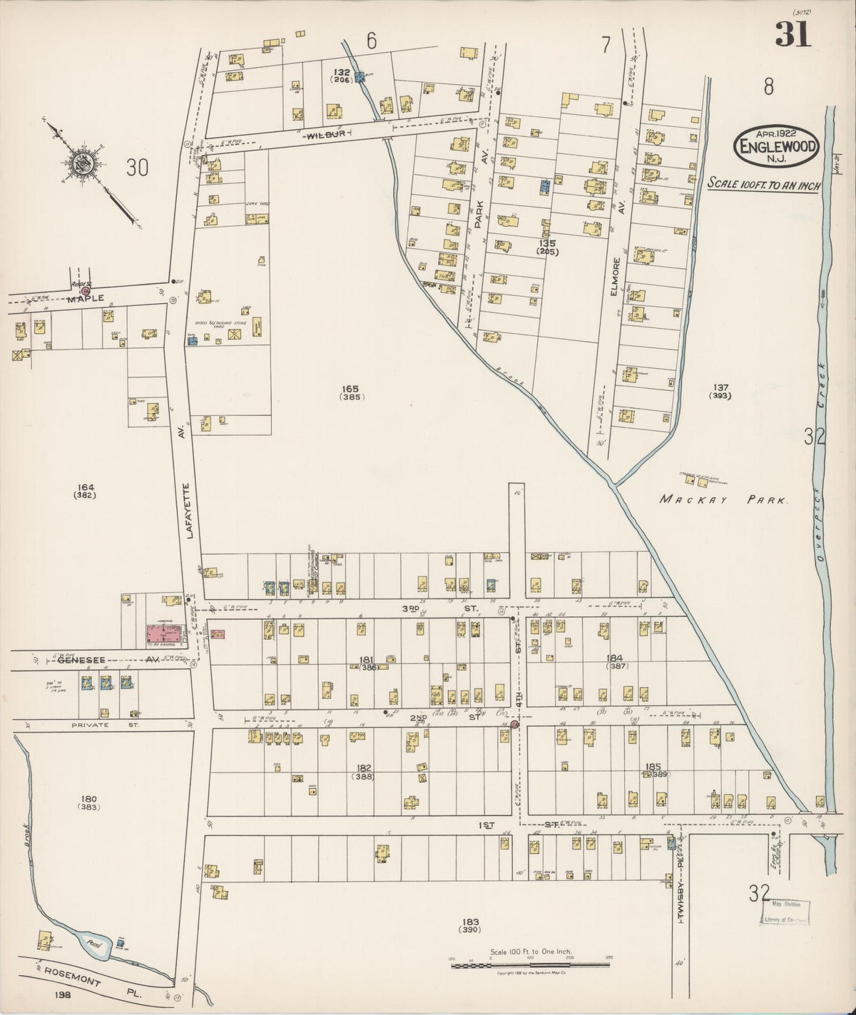 Sanborn Fire Insurance Map from Englewood, Bergen County, New Jersey (1922), Sheet #0031 - Historic Sanborn Fire Insurance Map Print, vintage old map wall art, antique decor, genealogy gift, New Jersey New Jersey map