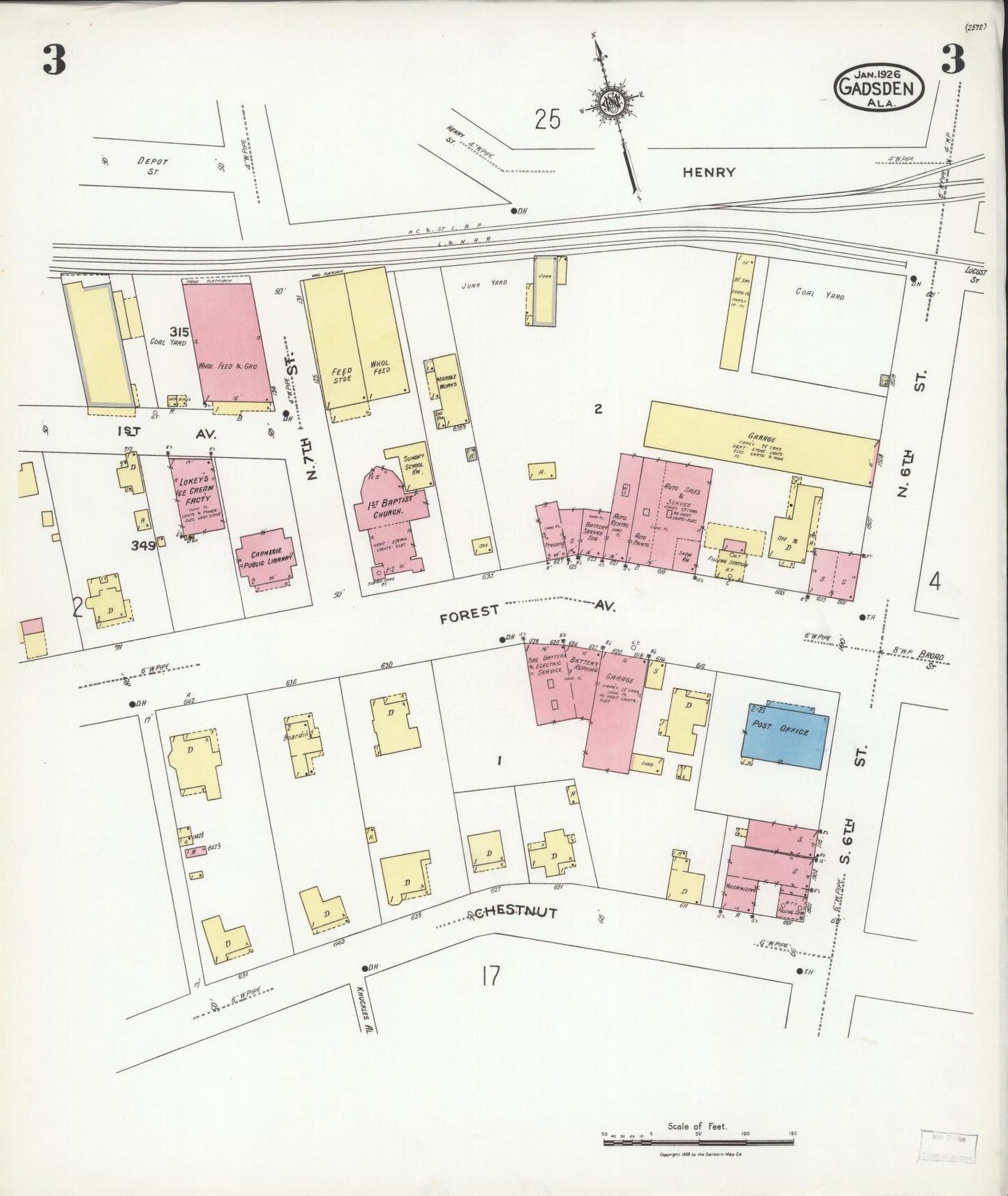 Sanborn Fire Insurance Map from Gadsden, Etowah County, Alabama (1926), Sheet #0003 - Historic Sanborn Fire Insurance Map Print, vintage old map wall art, antique decor, genealogy gift, Alabama Alabama map
