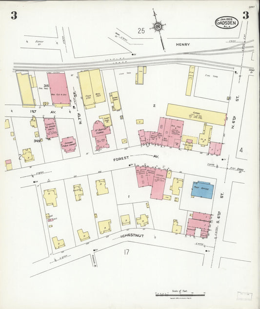 Sanborn Fire Insurance Map from Gadsden, Etowah County, Alabama (1926), Sheet #0003 - Historic Sanborn Fire Insurance Map Print, vintage old map wall art, antique decor, genealogy gift, Alabama Alabama map