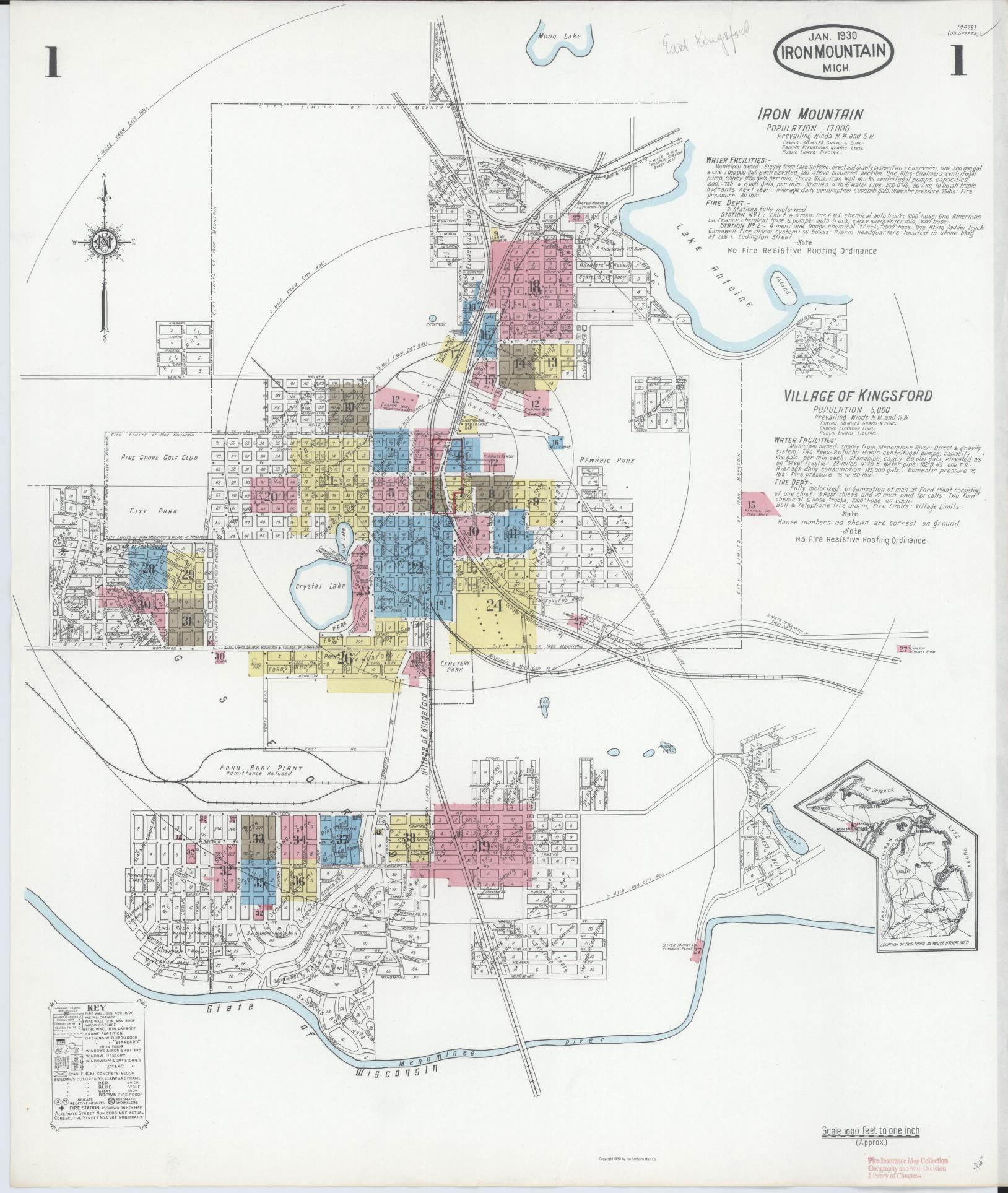 Sanborn Fire Insurance Map from Iron Mountain, Dickinson County, Michigan (1930), Sheet #0001 - Complete Map Set gallery image, historic Sanborn map, vintage wall art, Michigan Michigan