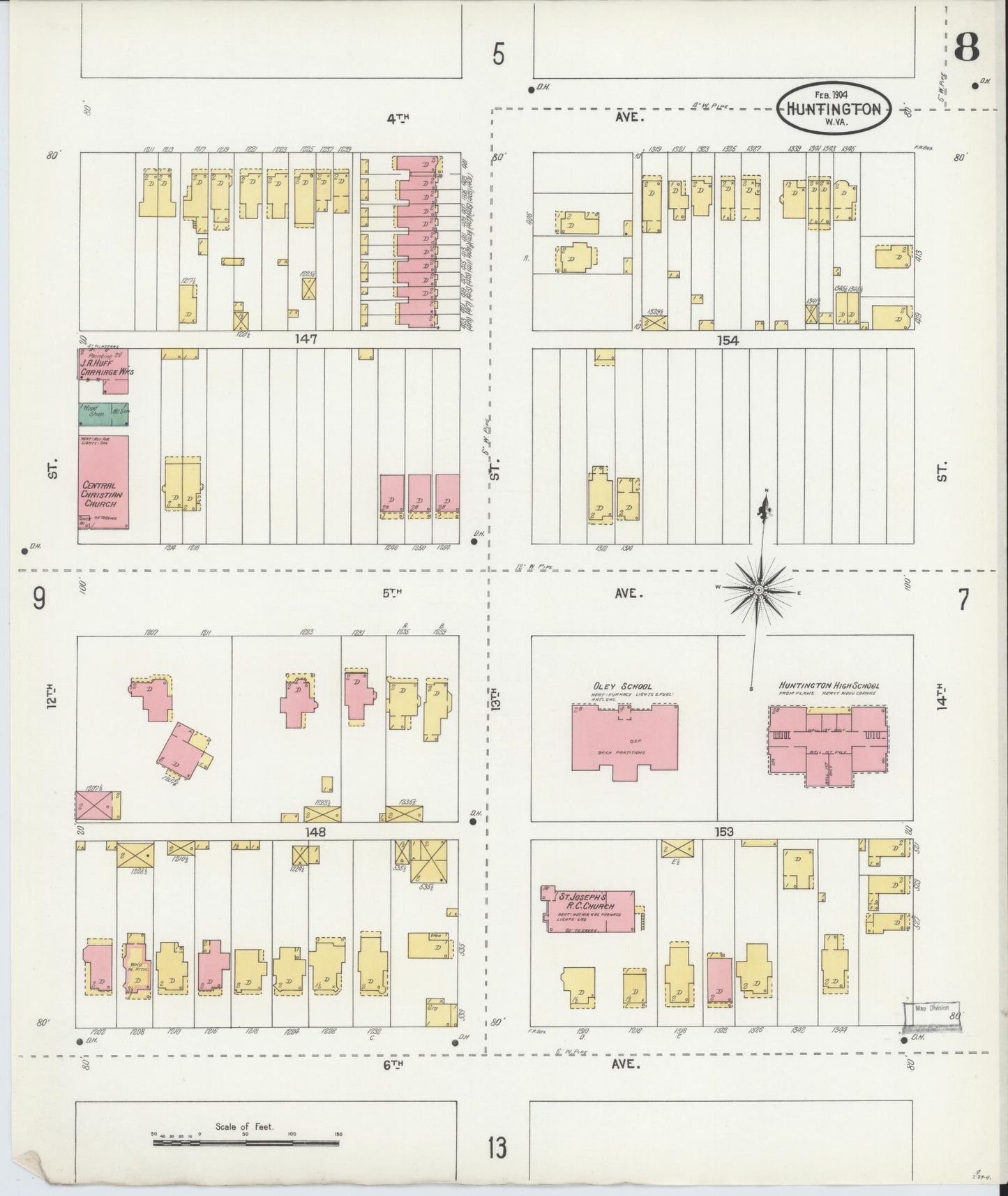 Sanborn Fire Insurance Map from Huntington, Cabell County, West Virginia (1904), Sheet #0008 - Historic Sanborn Fire Insurance Map Print, vintage old map wall art, antique decor, genealogy gift, West Virginia West Virginia map