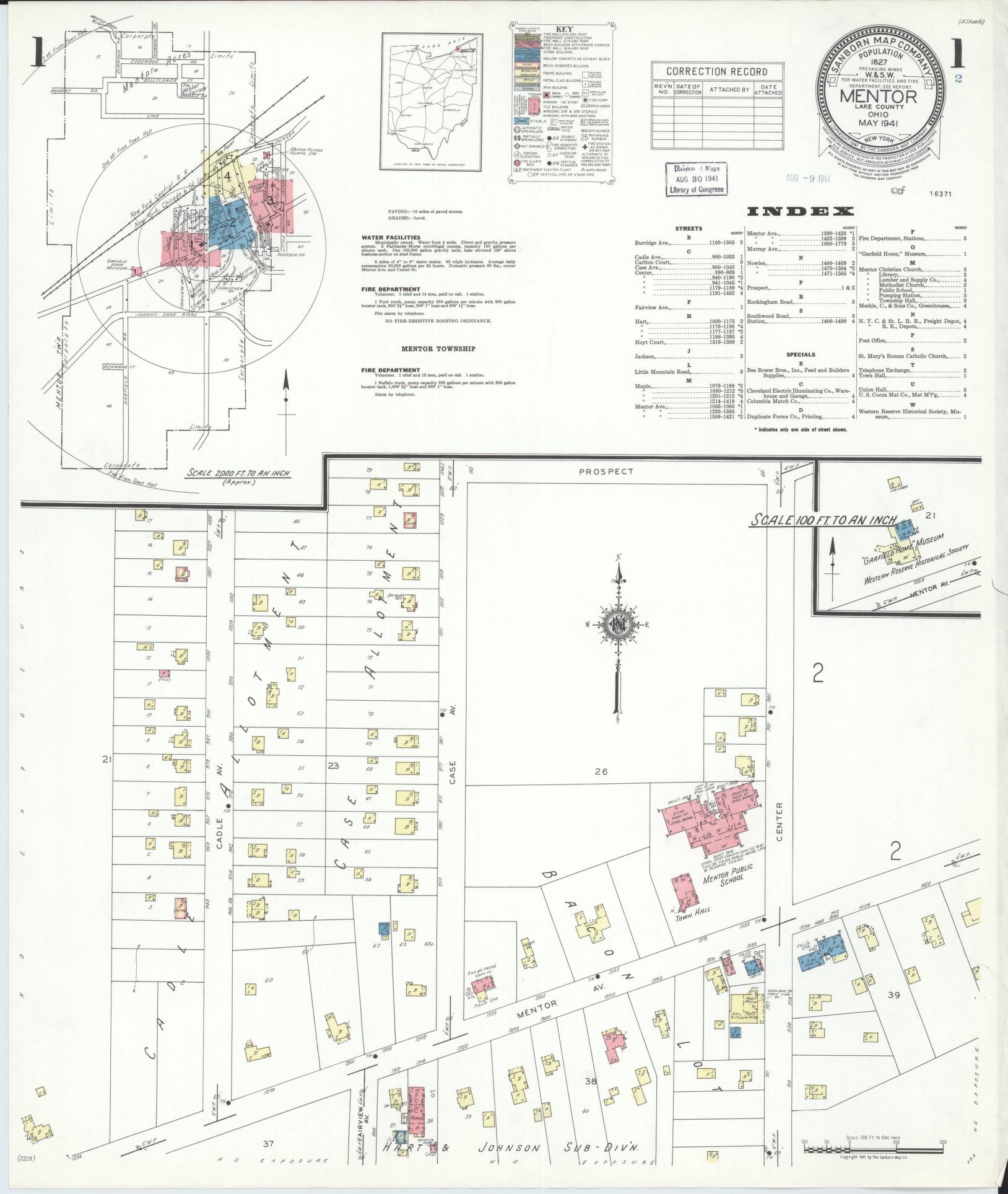 Sanborn Fire Insurance Map from Mentor, Lake County, Ohio (1941), Sheet #0001 - Historic Sanborn Fire Insurance Map Print, vintage old map wall art, antique decor, genealogy gift, Ohio Ohio map