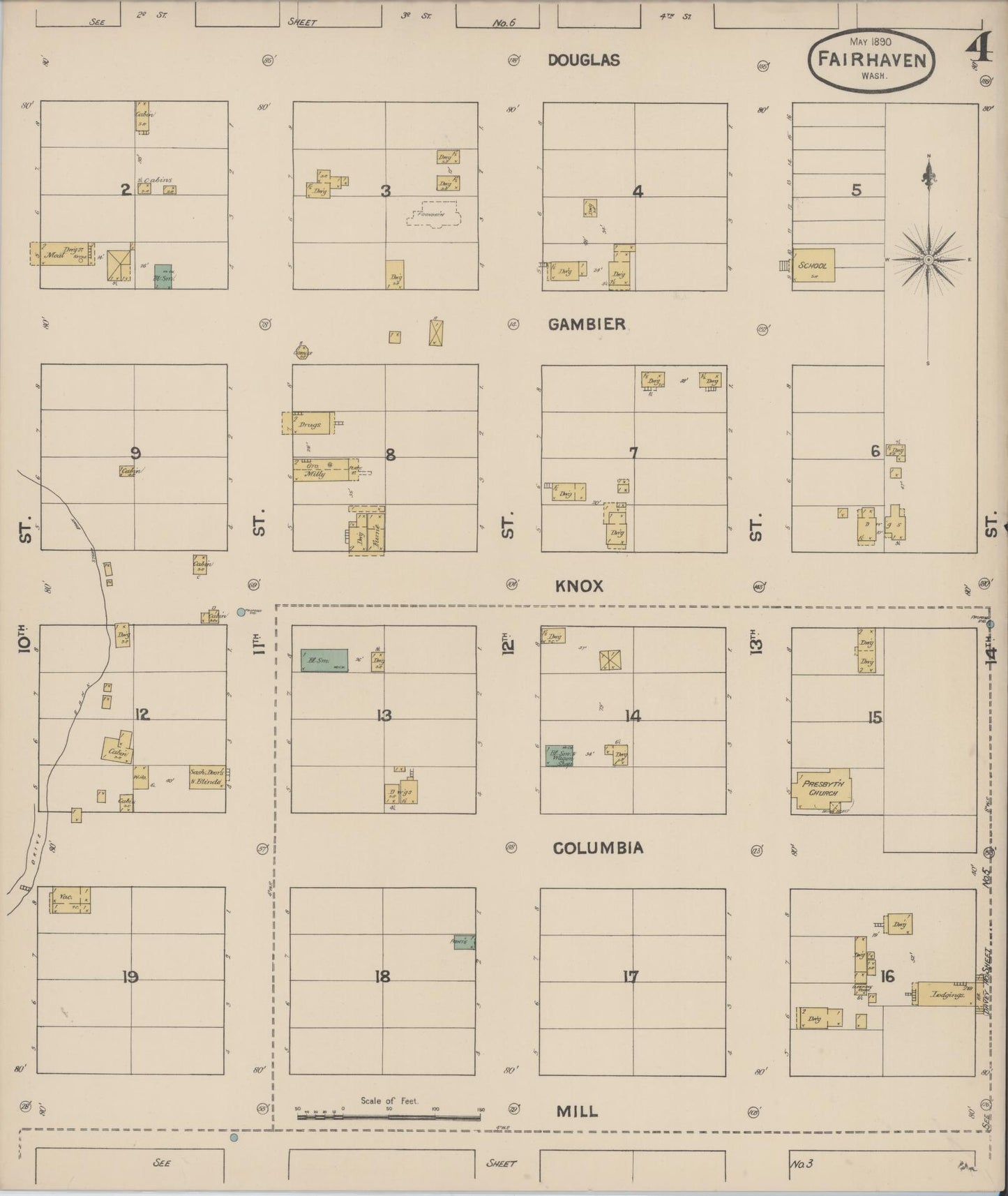 Sanborn Fire Insurance Map from Fairhaven [see also Bellingham and Sehome], Whatcom County, Washington (1890), Sheet #0004 - Complete Map Set gallery image, historic Sanborn map, vintage wall art, Washington Washington