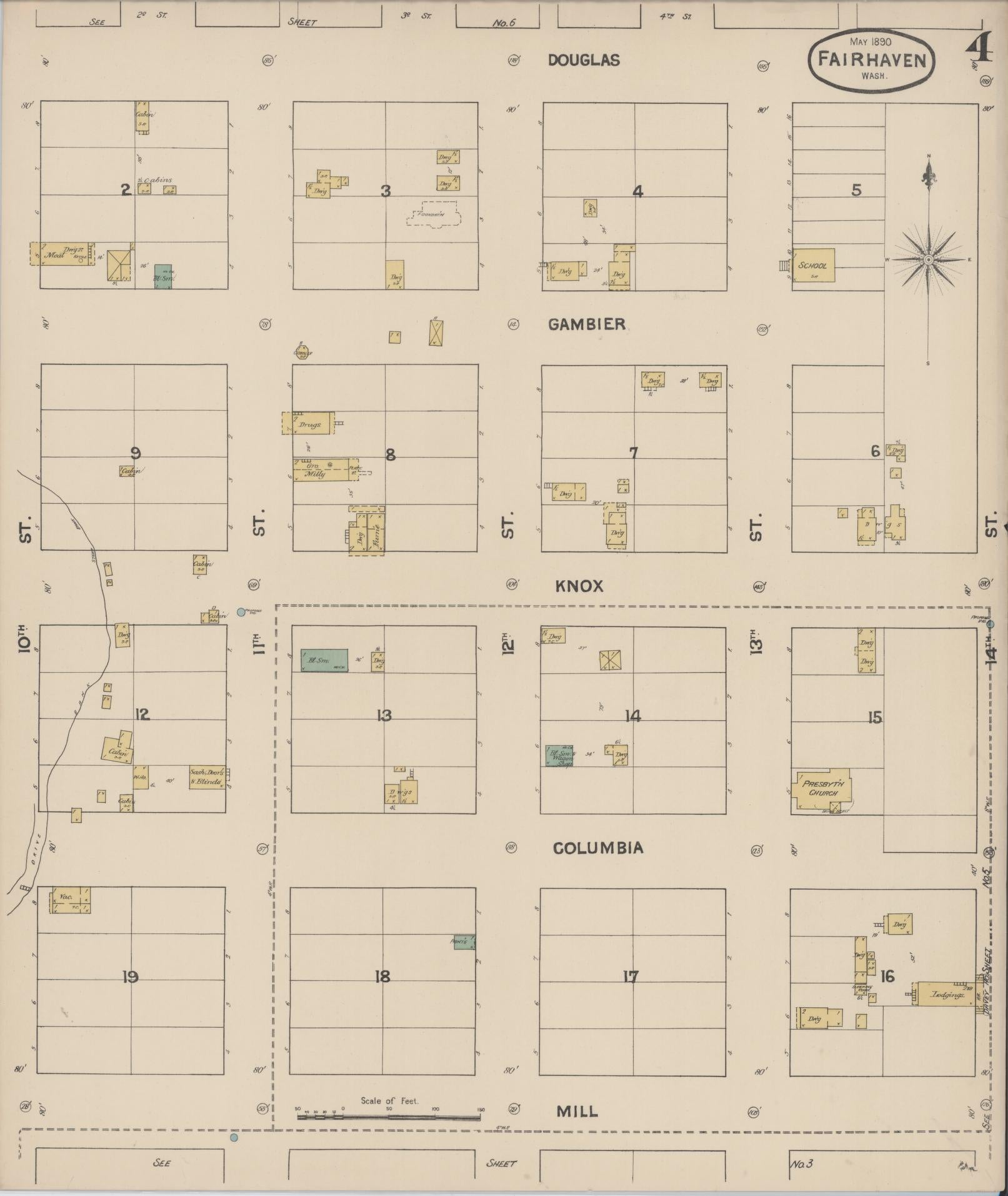 Sanborn Fire Insurance Map from Fairhaven [see also Bellingham and Sehome], Whatcom County, Washington (1890), Sheet #0004 - Complete Map Set gallery image, historic Sanborn map, vintage wall art, Washington Washington