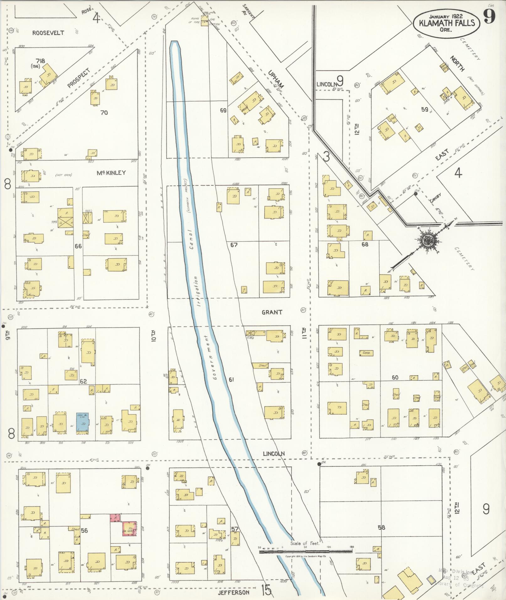 Sanborn Fire Insurance Map from Klamath Falls, Klamath County, Oregon (1921), Sheet #0009 - Complete Map Set gallery image, historic Sanborn map, vintage wall art, Oregon Oregon