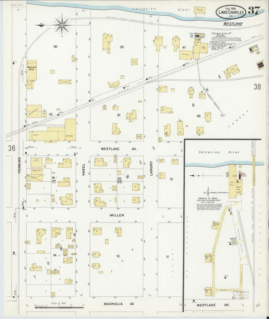 Sanborn Fire Insurance Map from Lake Charles, Calcasieu Parish, Louisiana (1909), Sheet #0037 - Historic Sanborn Fire Insurance Map Print, vintage old map wall art, antique decor, genealogy gift, Louisiana Louisiana map