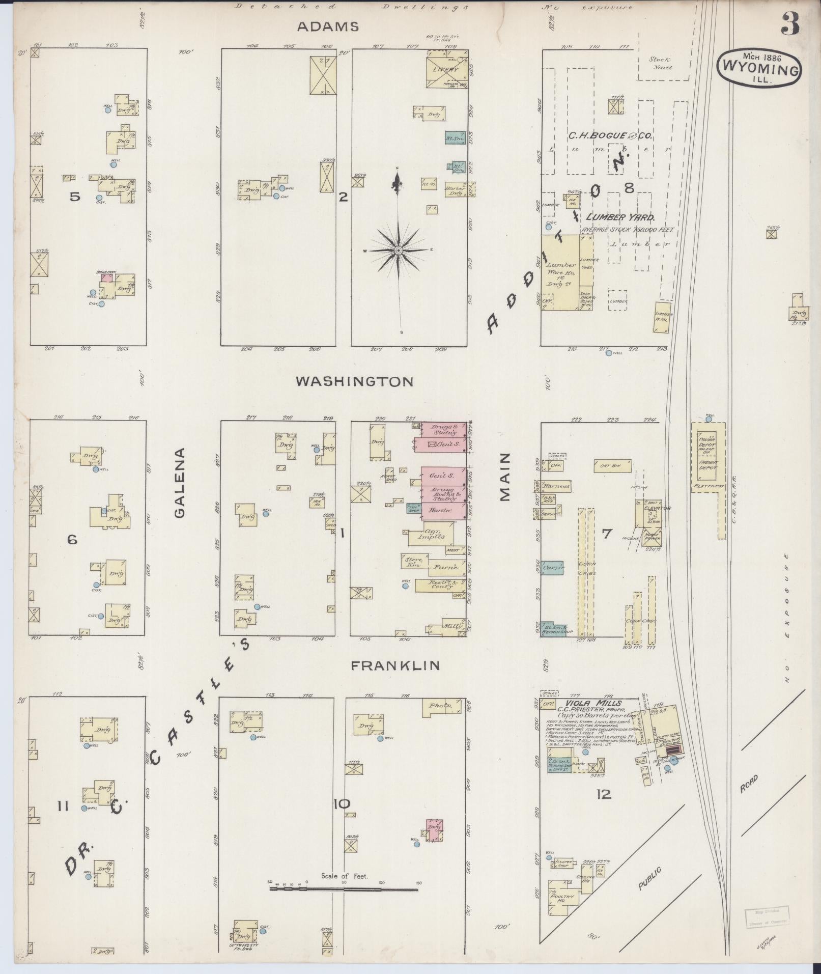 Sanborn Fire Insurance Map from Wyoming, Stark County, Illinois (1886), Sheet #0003 - Complete Map Set gallery image, historic Sanborn map, vintage wall art, Illinois Illinois
