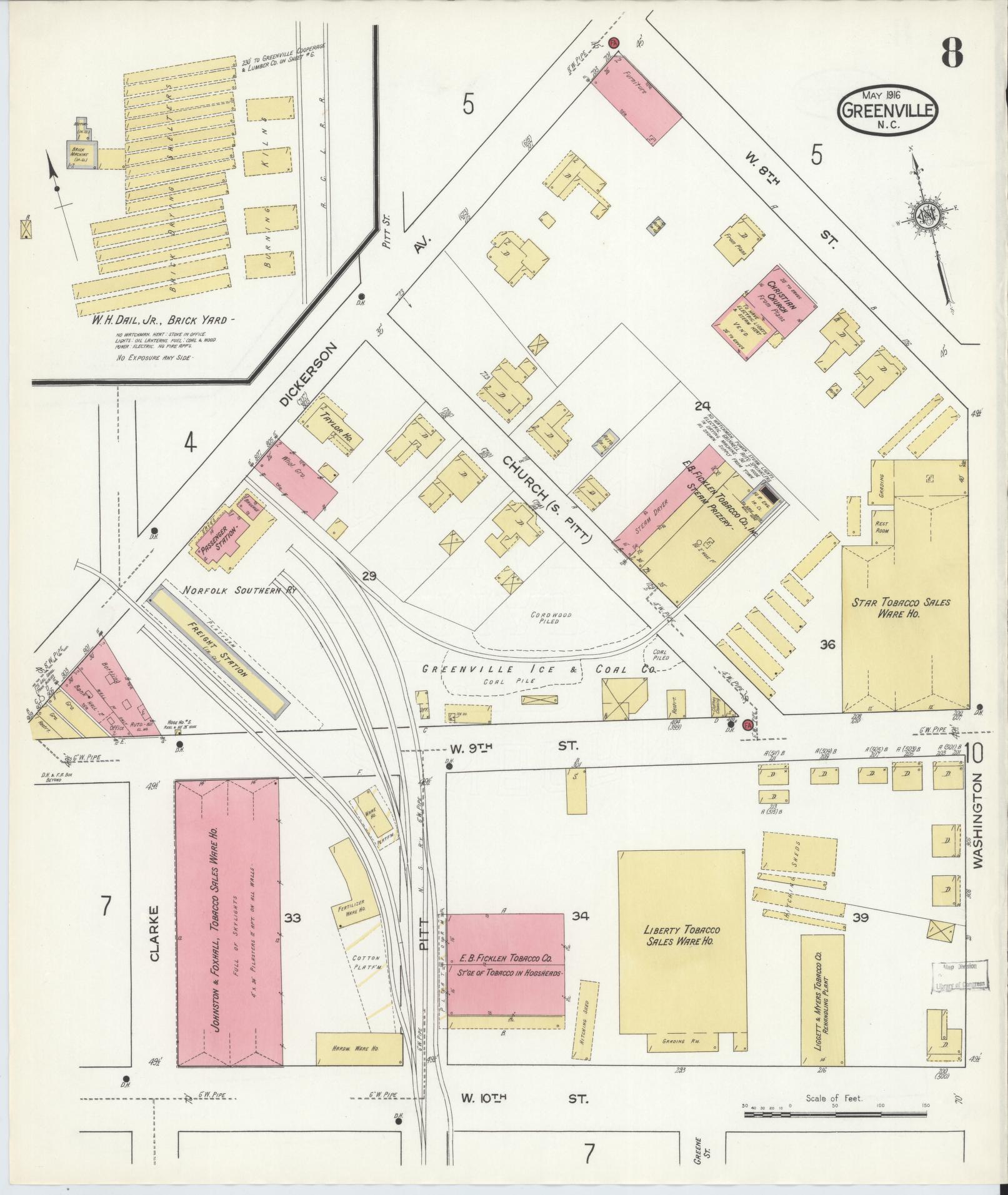 Sanborn Fire Insurance Map from Greenville, Pitt County, North Carolina (1916), Sheet #0008 - Historic Sanborn Fire Insurance Map Print, vintage old map wall art, antique decor, genealogy gift, North Carolina North Carolina map