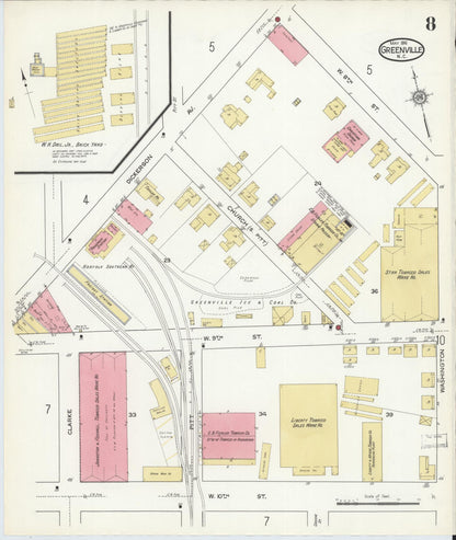 Sanborn Fire Insurance Map from Greenville, Pitt County, North Carolina (1916), Sheet #0008 - Historic Sanborn Fire Insurance Map Print, vintage old map wall art, antique decor, genealogy gift, North Carolina North Carolina map