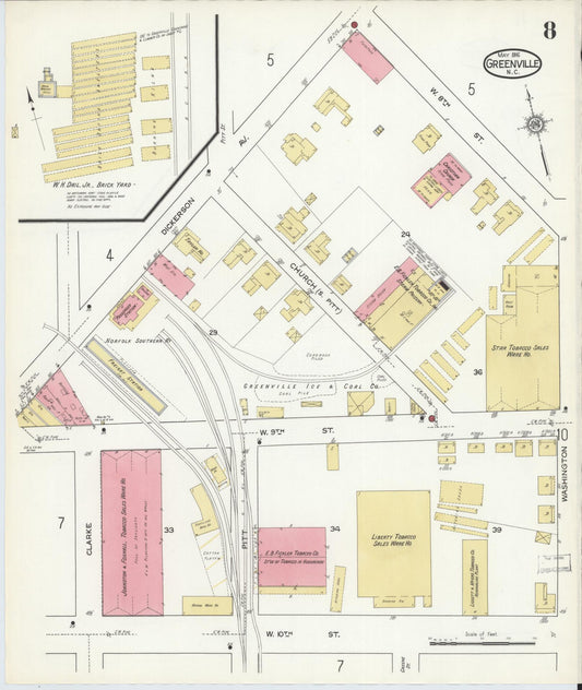 Sanborn Fire Insurance Map from Greenville, Pitt County, North Carolina (1916), Sheet #0008 - Historic Sanborn Fire Insurance Map Print, vintage old map wall art, antique decor, genealogy gift, North Carolina North Carolina map
