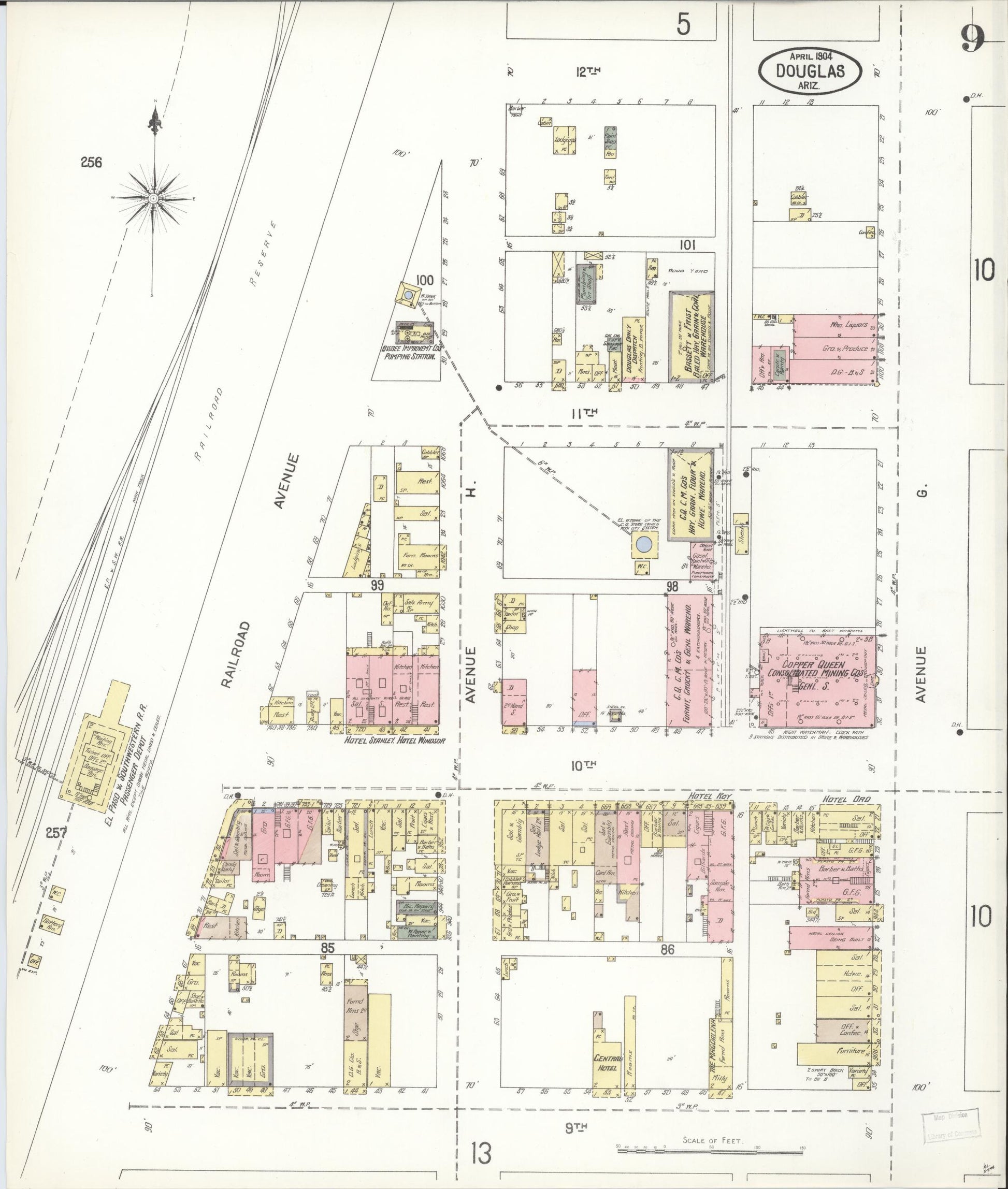 Sanborn Fire Insurance Map from Douglas, Cochise County, Arizona (1904), Sheet #0009 - Historic Sanborn Fire Insurance Map Print, vintage old map wall art, antique decor, genealogy gift, Arizona Arizona map