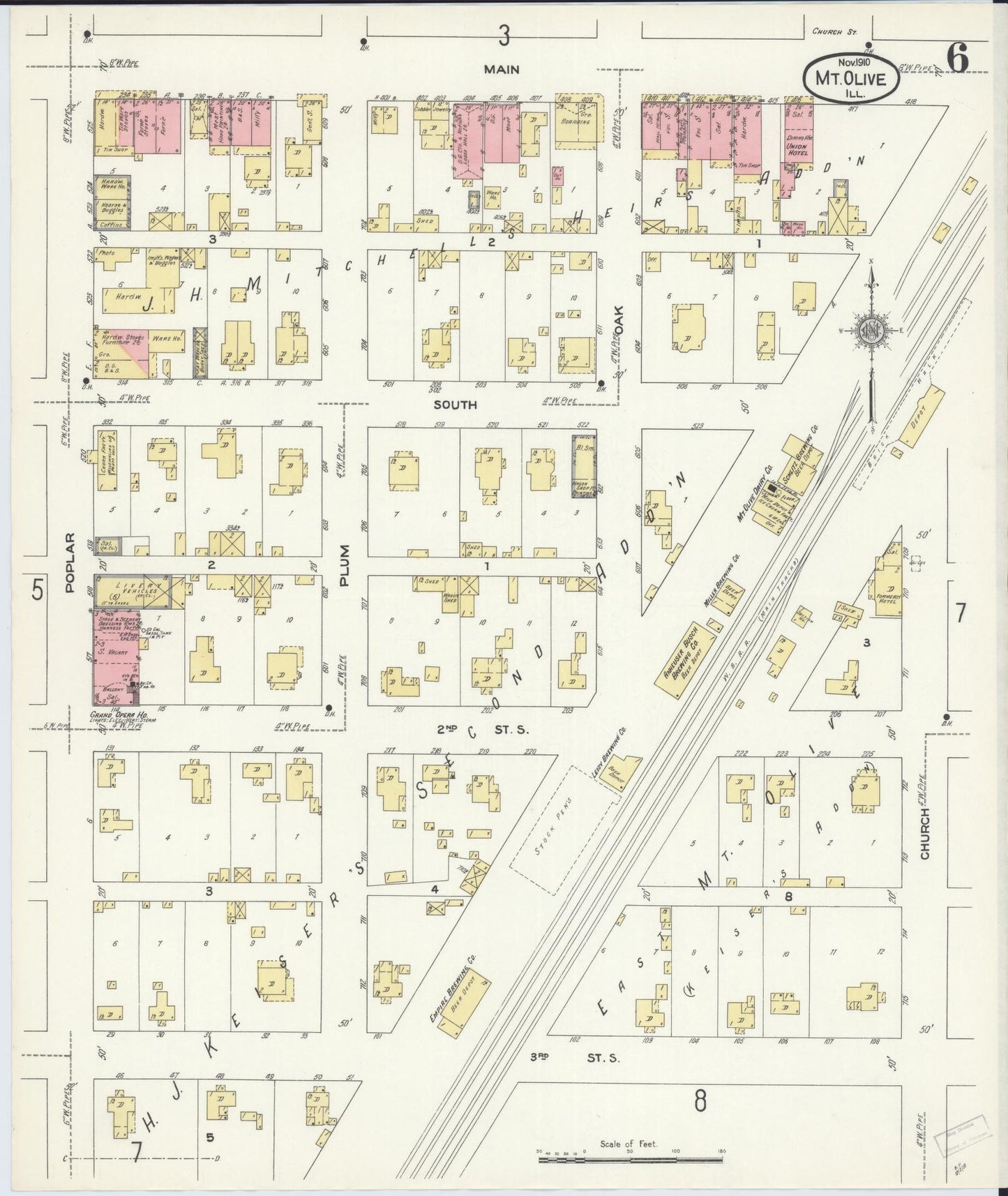 Sanborn Fire Insurance Map from Mount Olive, Macoupin County, Illinois (1910), Sheet #0006 - Complete Map Set gallery image, historic Sanborn map, vintage wall art, Illinois Illinois