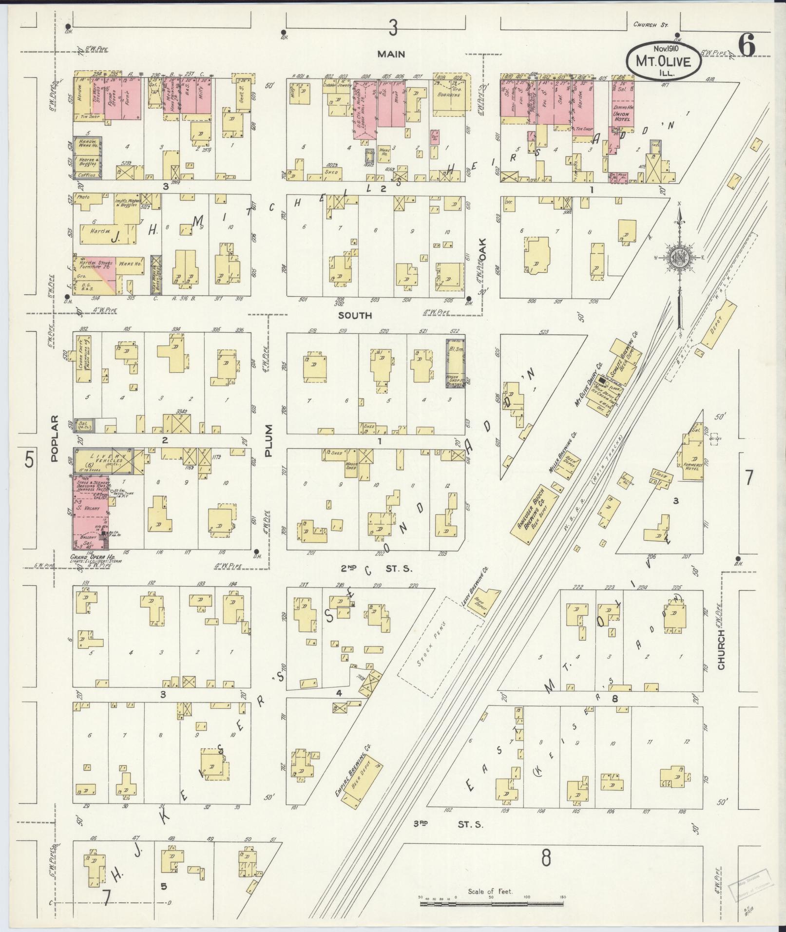 Sanborn Fire Insurance Map from Mount Olive, Macoupin County, Illinois (1910), Sheet #0006 - Complete Map Set gallery image, historic Sanborn map, vintage wall art, Illinois Illinois