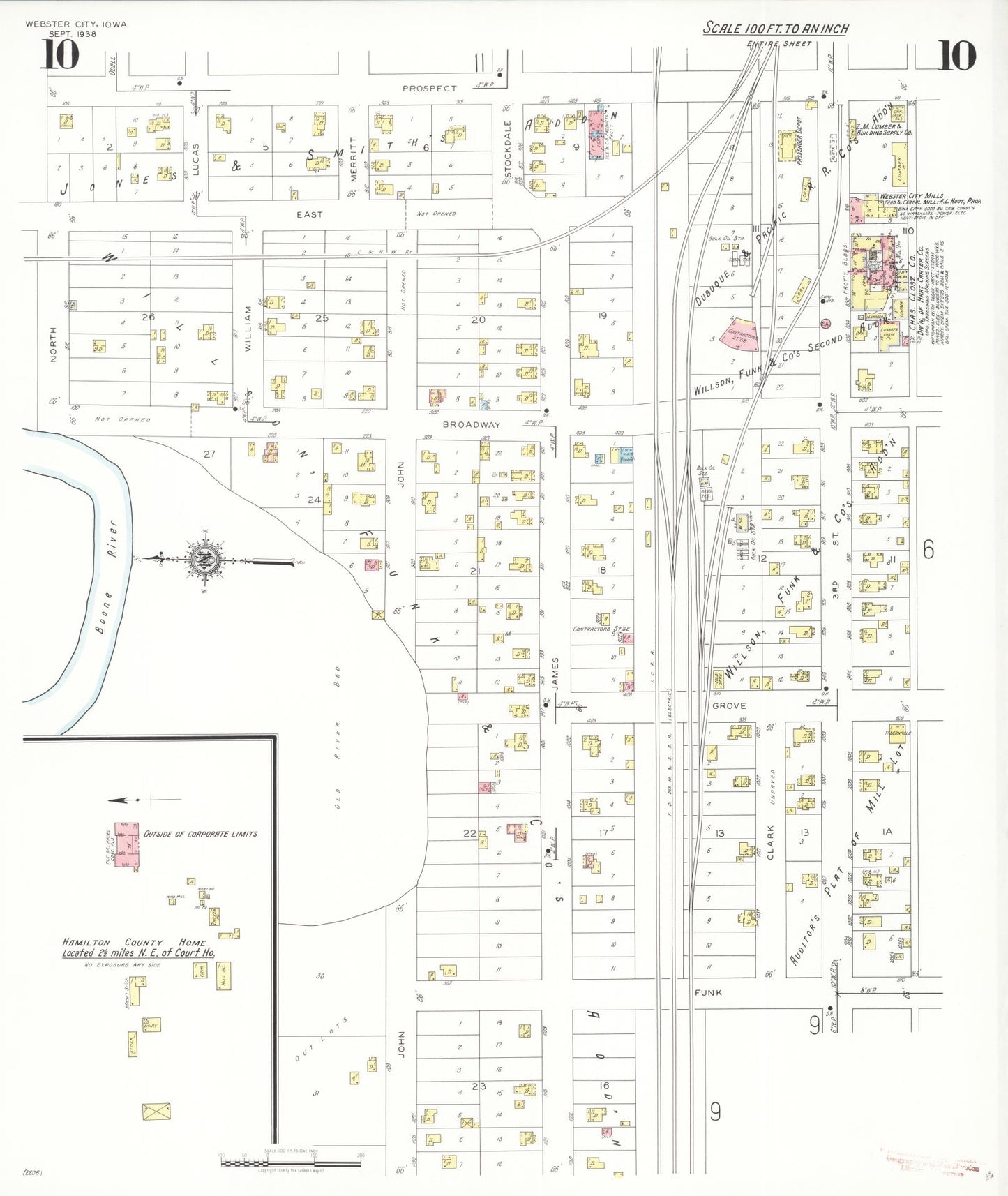 Sanborn Fire Insurance Map from Webster City, Hamilton County, Iowa (1938), Sheet #0010 - Historic Sanborn Fire Insurance Map Print, vintage old map wall art