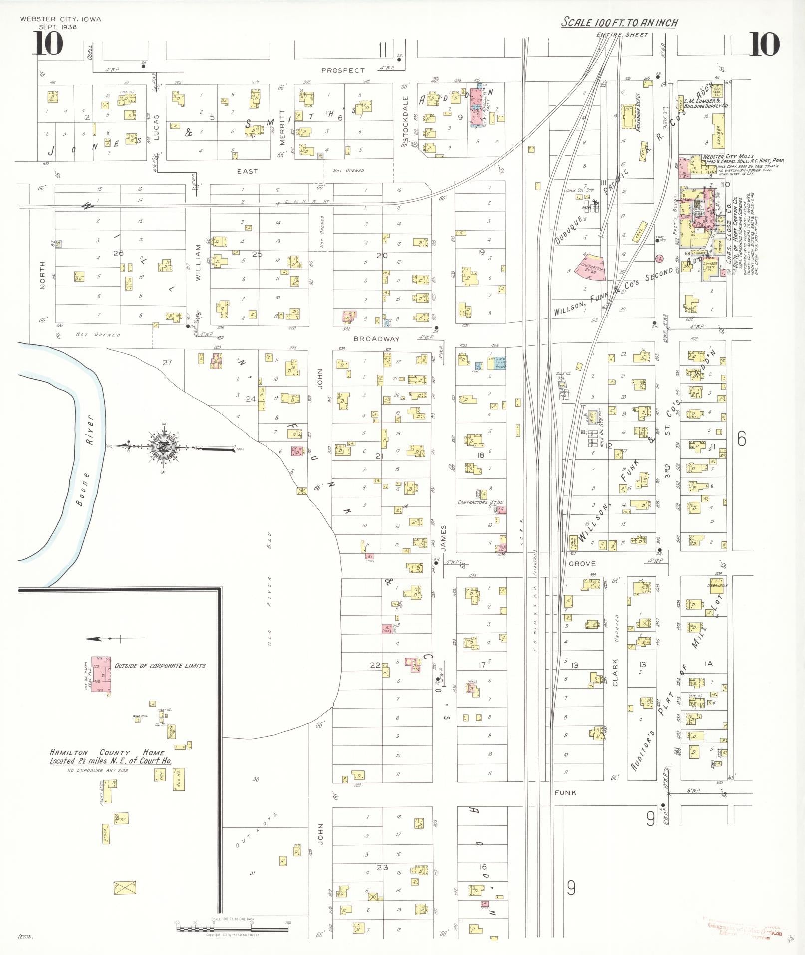 Sanborn Fire Insurance Map from Webster City, Hamilton County, Iowa (1938), Sheet #0010 - Historic Sanborn Fire Insurance Map Print, vintage old map wall art
