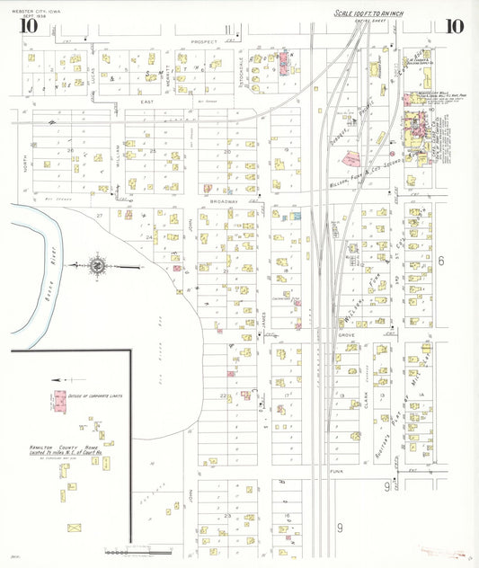 Sanborn Fire Insurance Map from Webster City, Hamilton County, Iowa (1938), Sheet #0010 - Historic Sanborn Fire Insurance Map Print, vintage old map wall art